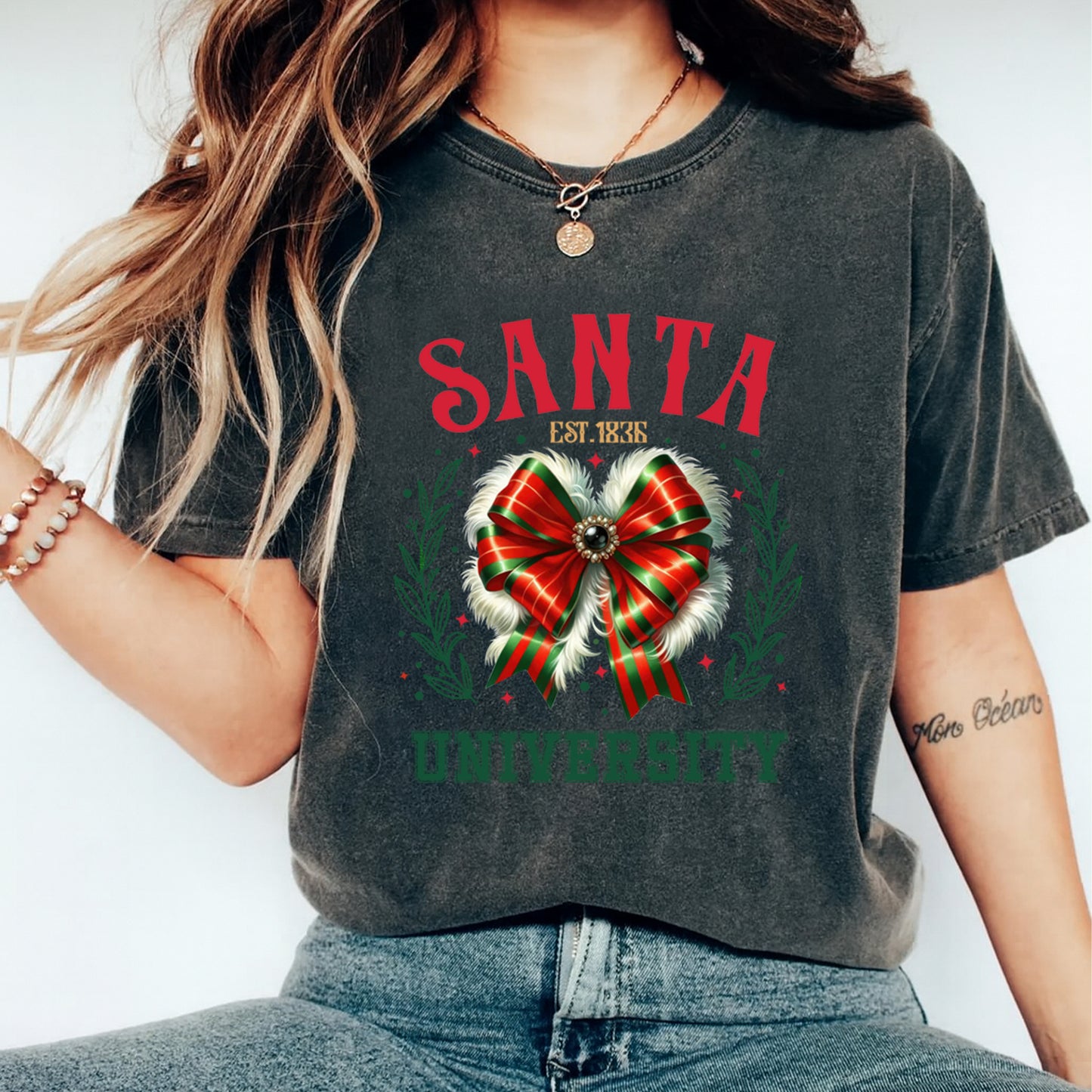 Christmas DTF Transfer – Festive Bow Wreath “Santa University” Ready to Press Iron On Heat Transfer for DIY Shirts 11818