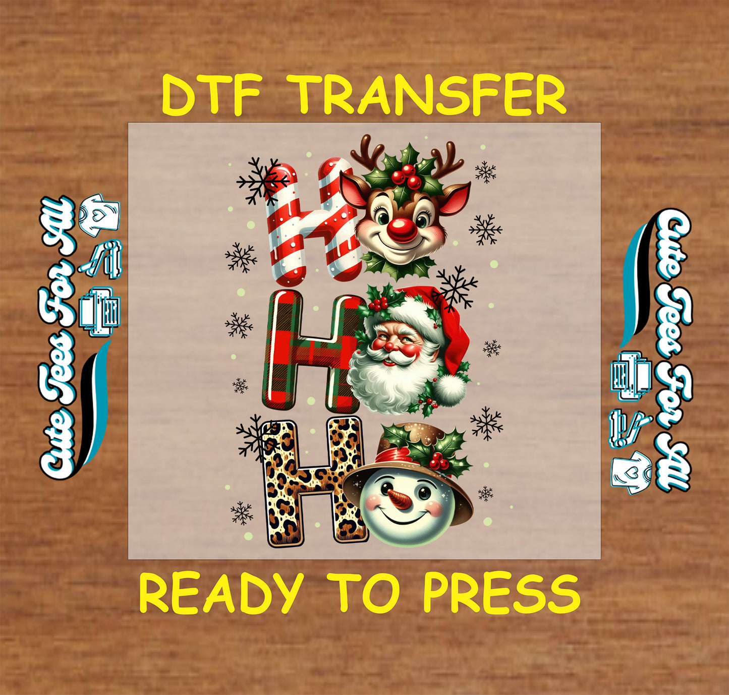 Christmas DTF transfer featuring reindeer, Santa, and snowman with text “Ho Ho Ho,” ready to press iron on heat transfer for DIY shirts.