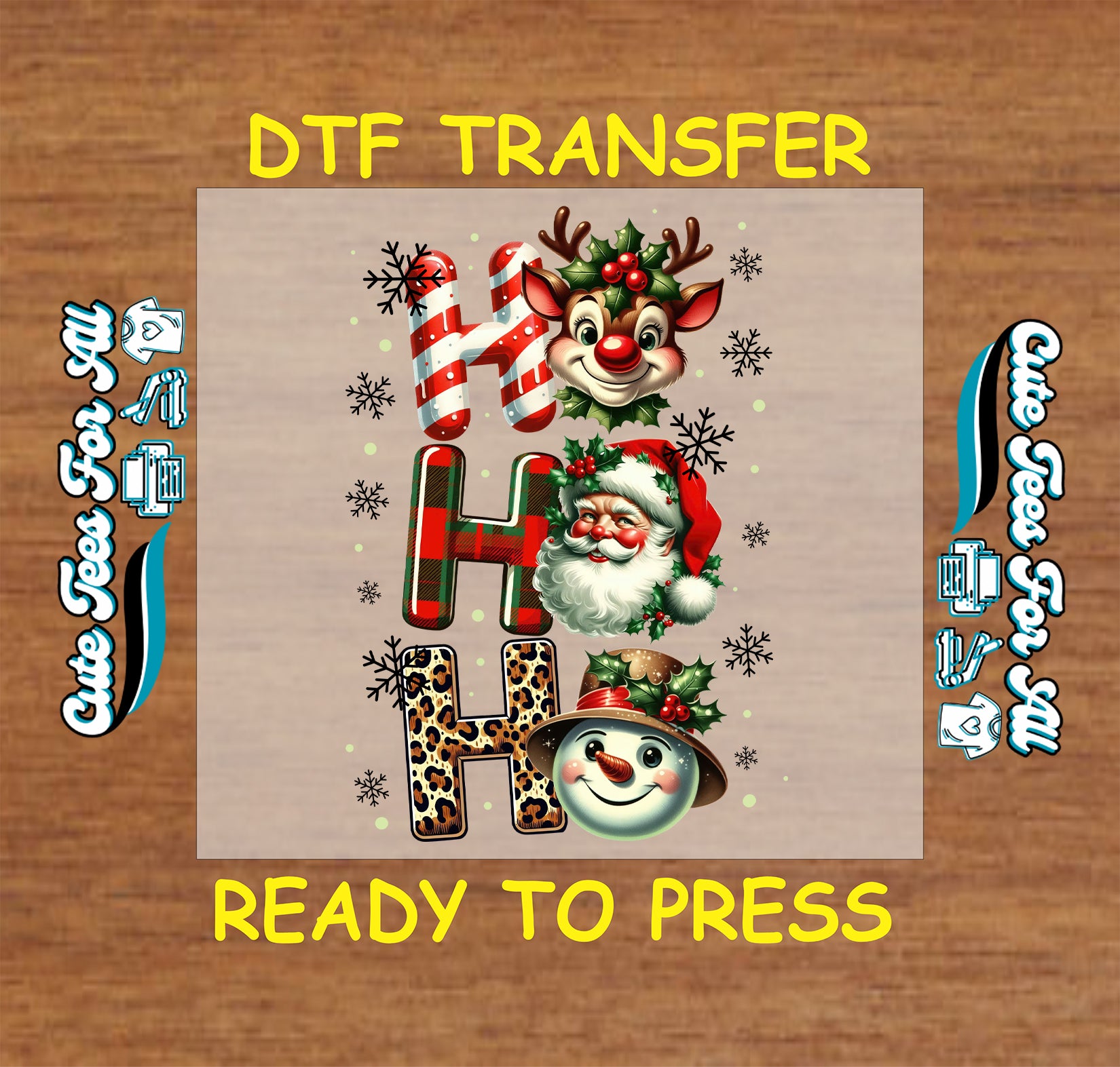 Christmas DTF transfer featuring reindeer, Santa, and snowman with text “Ho Ho Ho,” ready to press iron on heat transfer for DIY shirts.