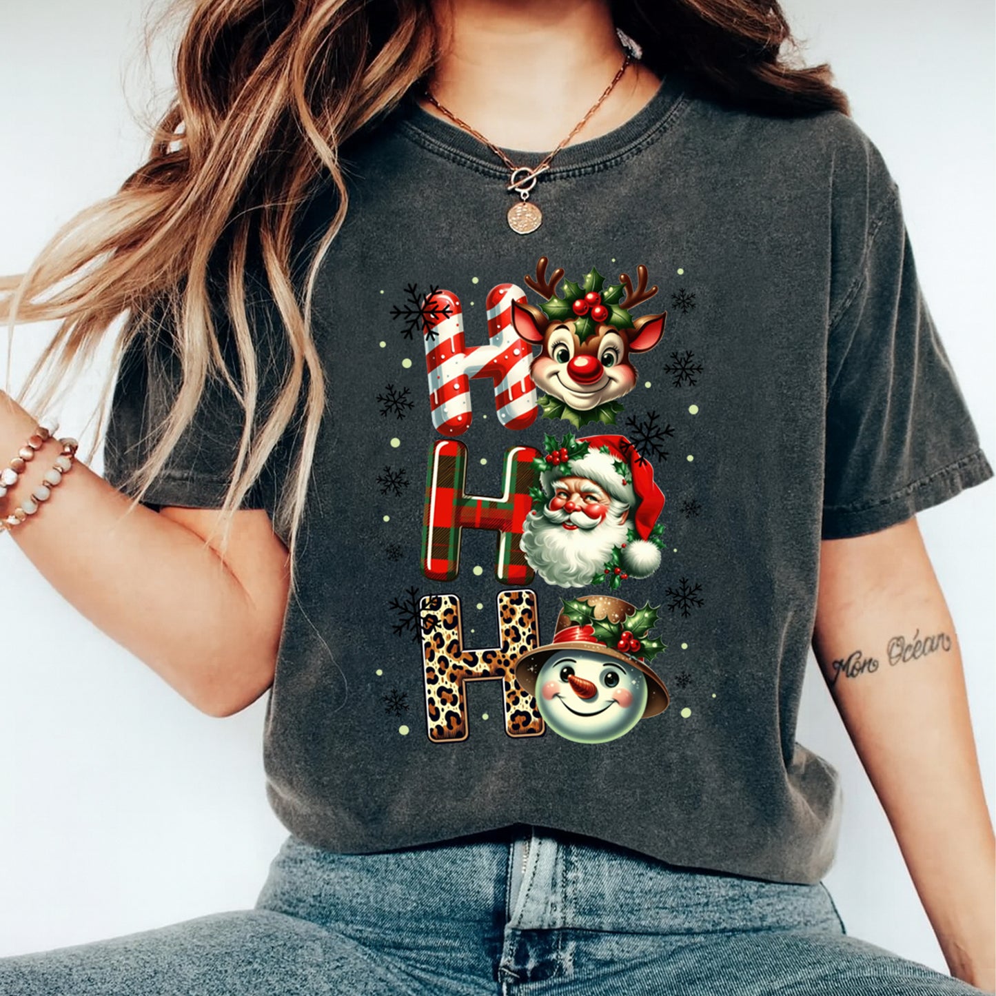 Christmas DTF Transfer – Santa Reindeer and Snowman “Ho Ho Ho” Ready to Press Iron On Heat Transfer for DIY Shirts 11819