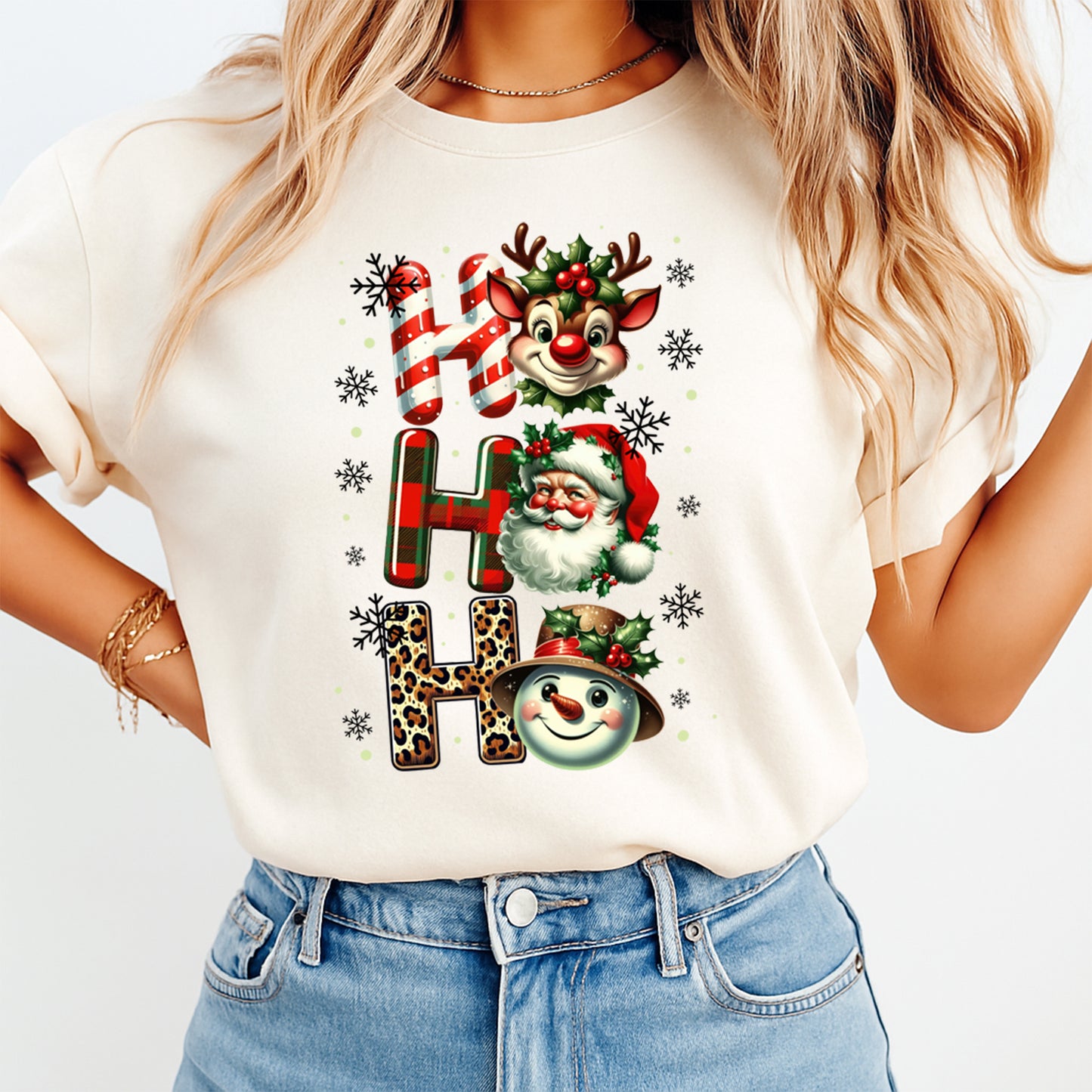 Christmas DTF Transfer – Santa Reindeer and Snowman “Ho Ho Ho” Ready to Press Iron On Heat Transfer for DIY Shirts 11819