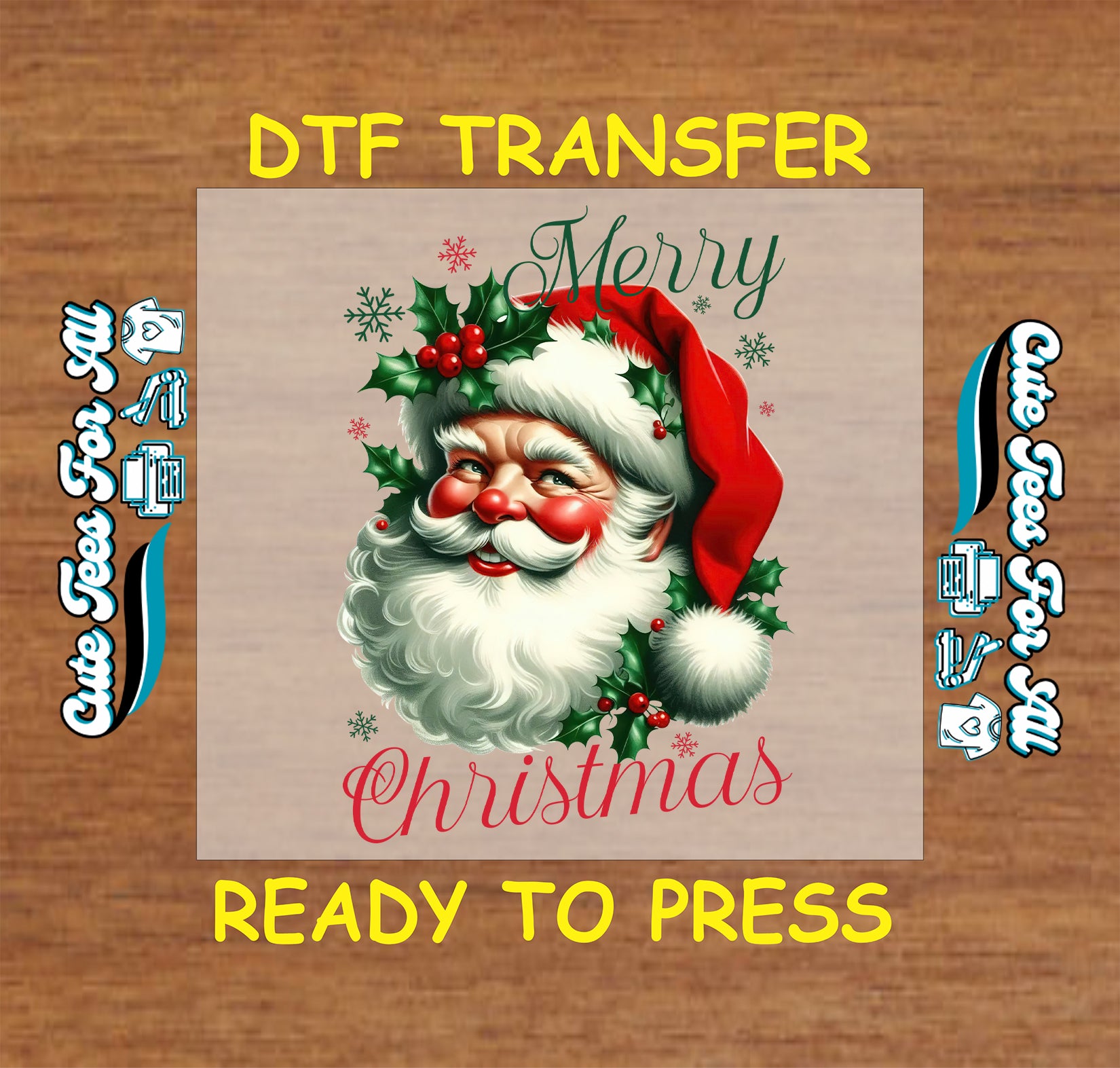 Christmas DTF transfer featuring vintage Santa with holly and text “Merry Christmas,” ready to press iron on heat transfer for DIY shirts.
