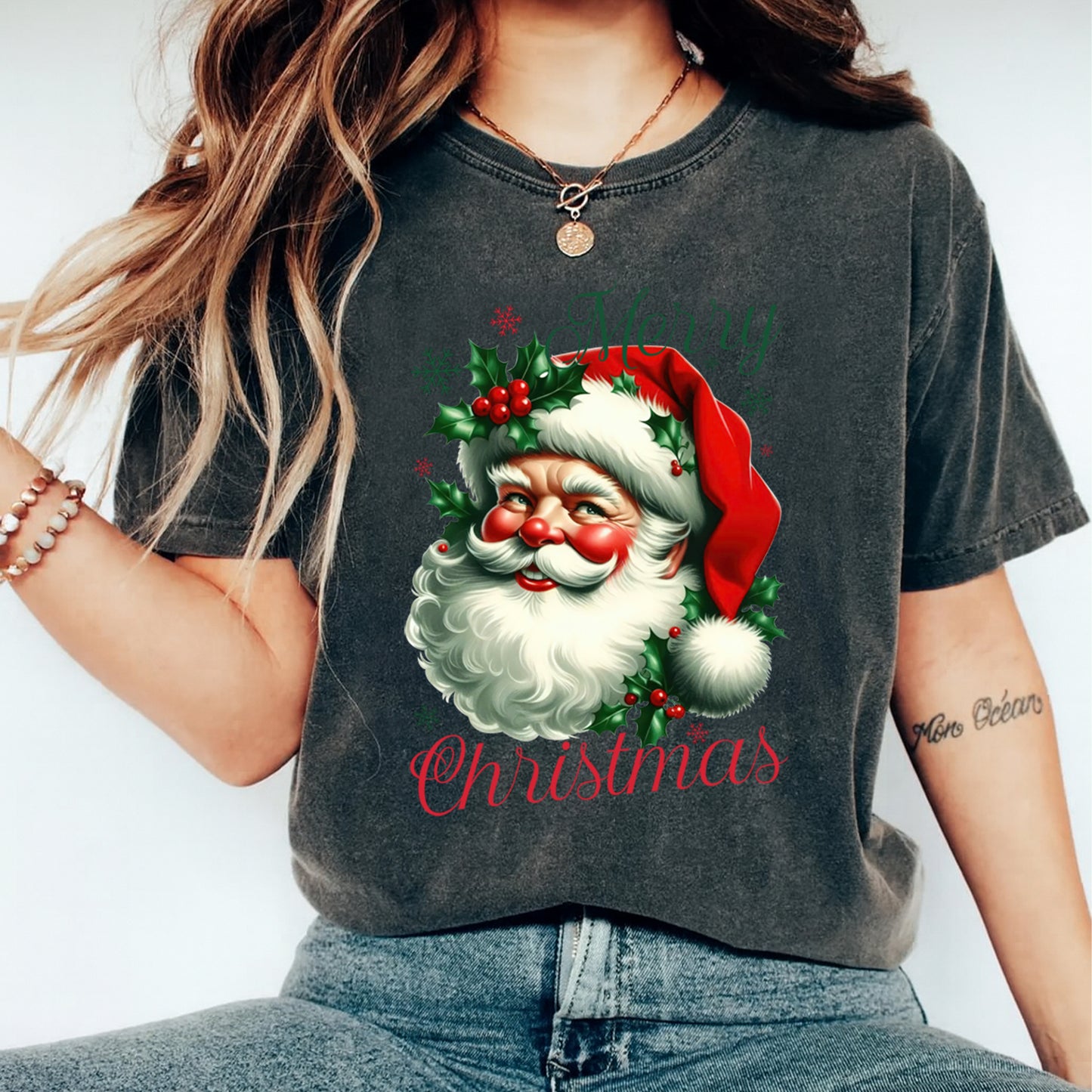 Christmas DTF Transfer – Vintage Santa with Holly “Merry Christmas” Ready to Press Iron On Heat Transfer for DIY Shirts 11820