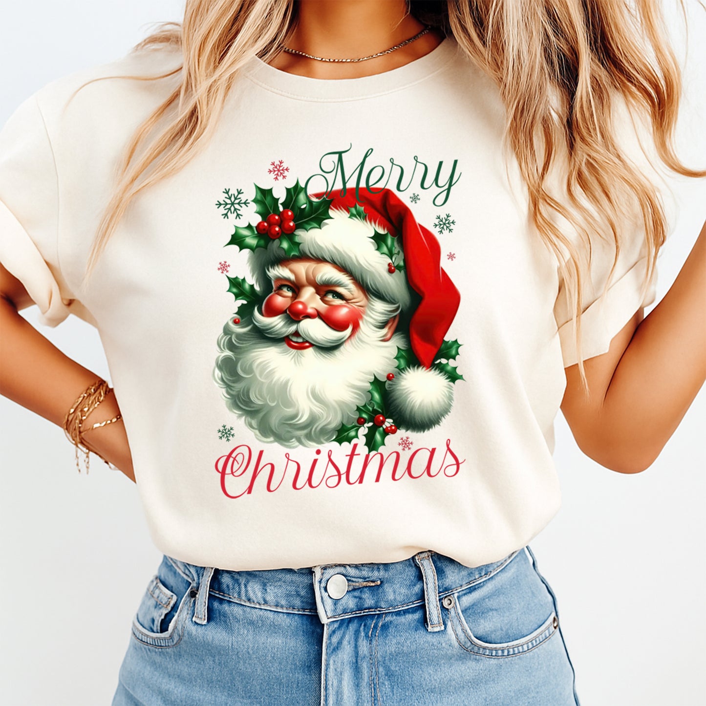 Christmas DTF Transfer – Vintage Santa with Holly “Merry Christmas” Ready to Press Iron On Heat Transfer for DIY Shirts 11820