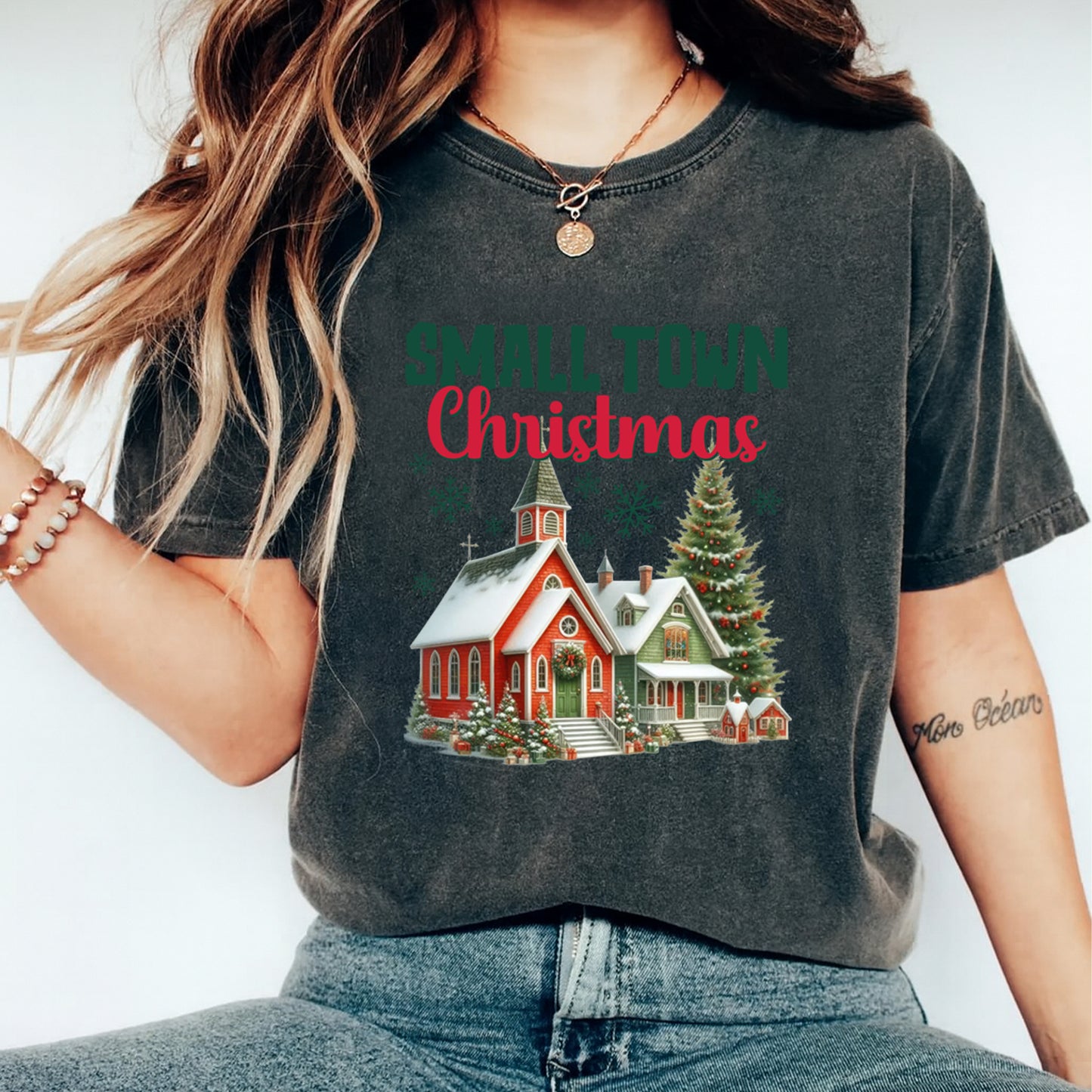 Christmas DTF Transfer – Cozy Church Scene “Small Town Christmas” Ready to Press Iron On Heat Transfer for DIY Shirts 11821