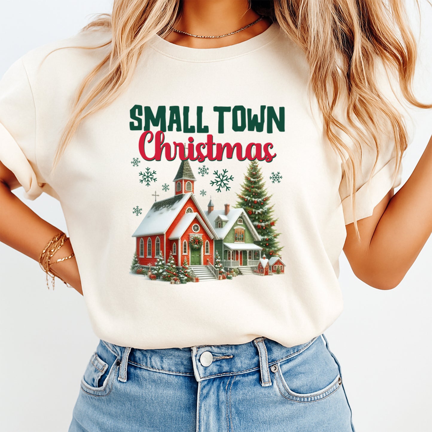 Christmas DTF Transfer – Cozy Church Scene “Small Town Christmas” Ready to Press Iron On Heat Transfer for DIY Shirts 11821