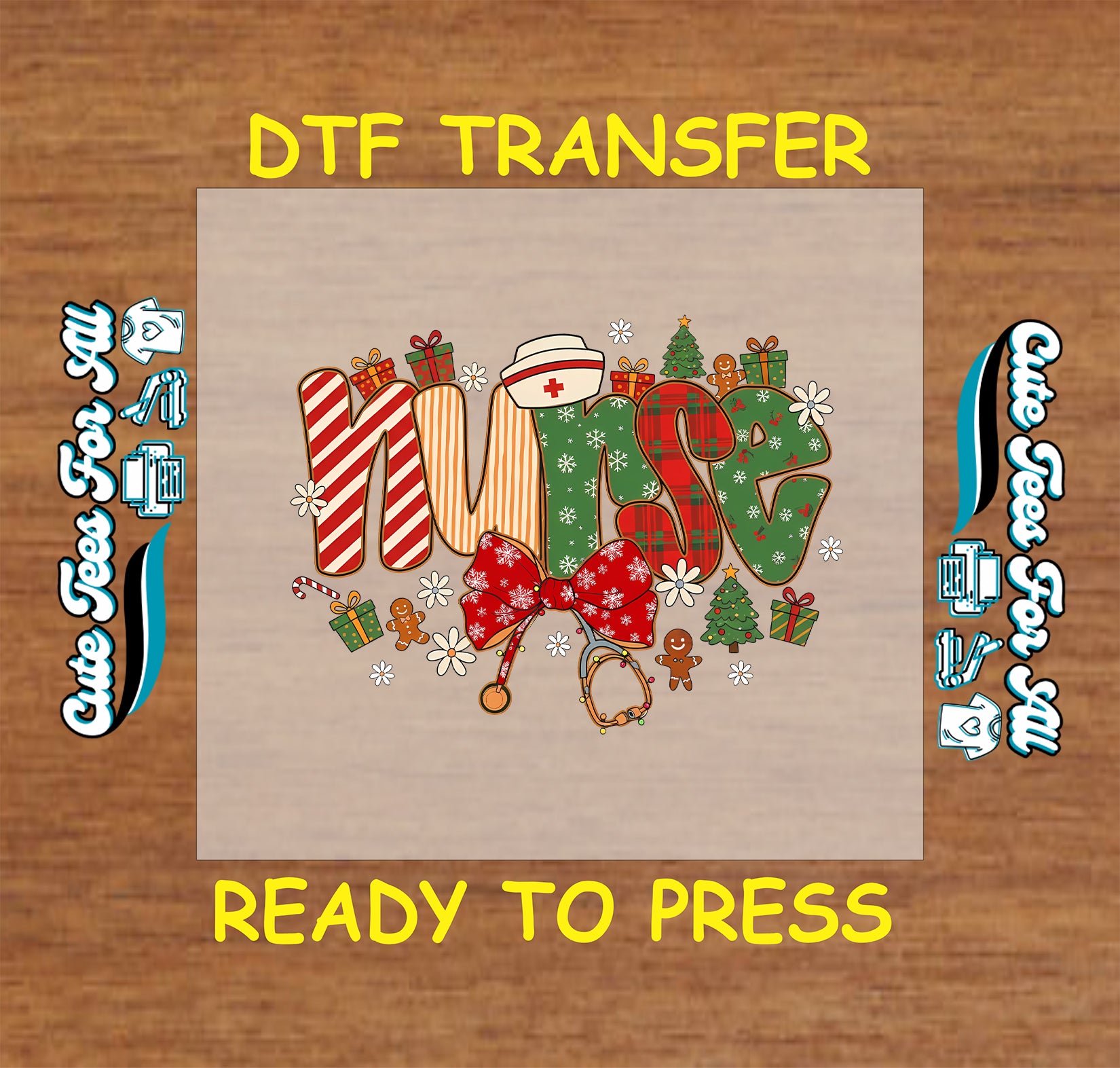 Christmas DTF transfer featuring festive “Nurse” text with stethoscope, nurse hat, and gifts, ready to press iron on heat transfer for DIY shirts.