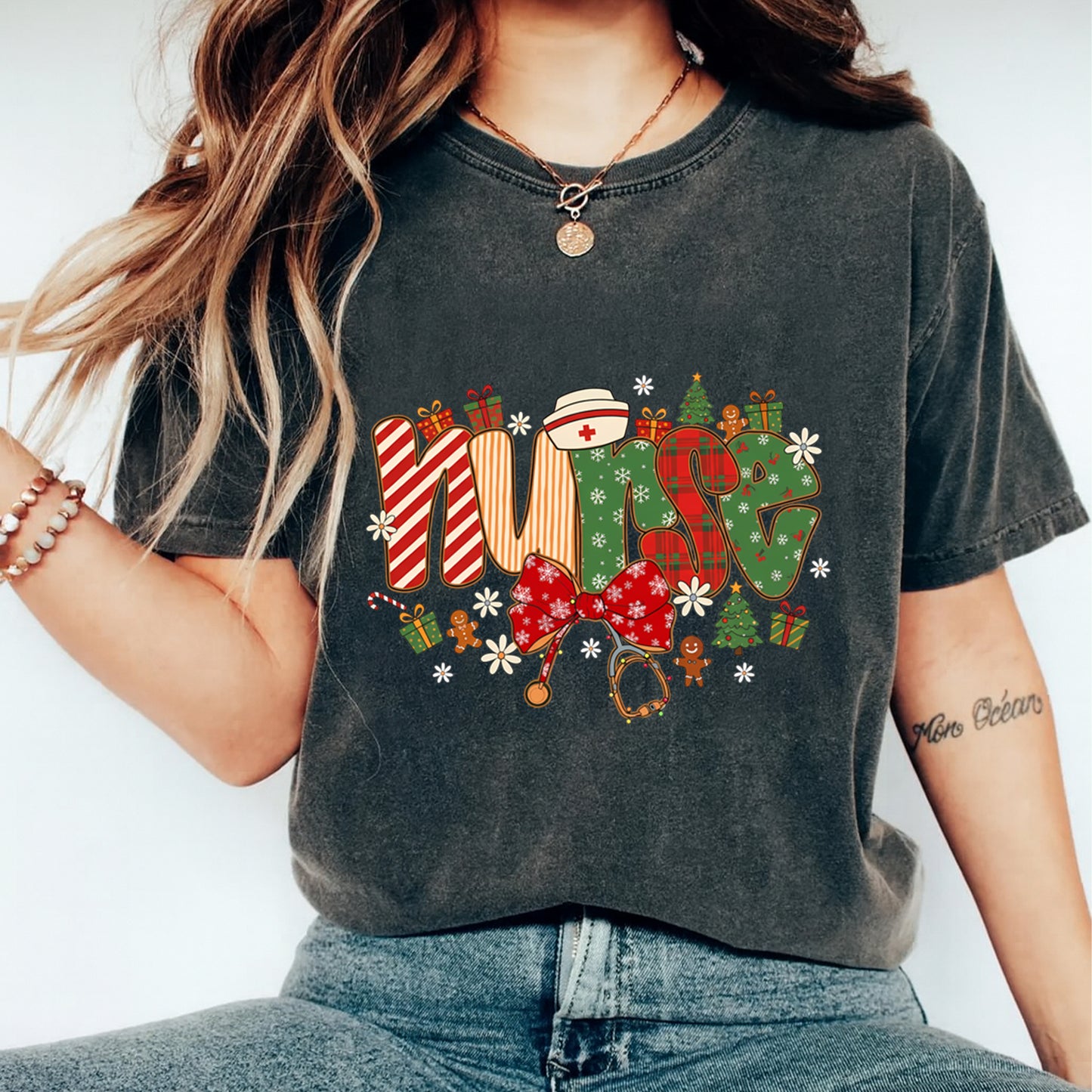 Christmas DTF Transfer – Holiday Nurse Stethoscope & Gifts “Nurse” Ready to Press Iron On Heat Transfer for DIY Shirts 11822