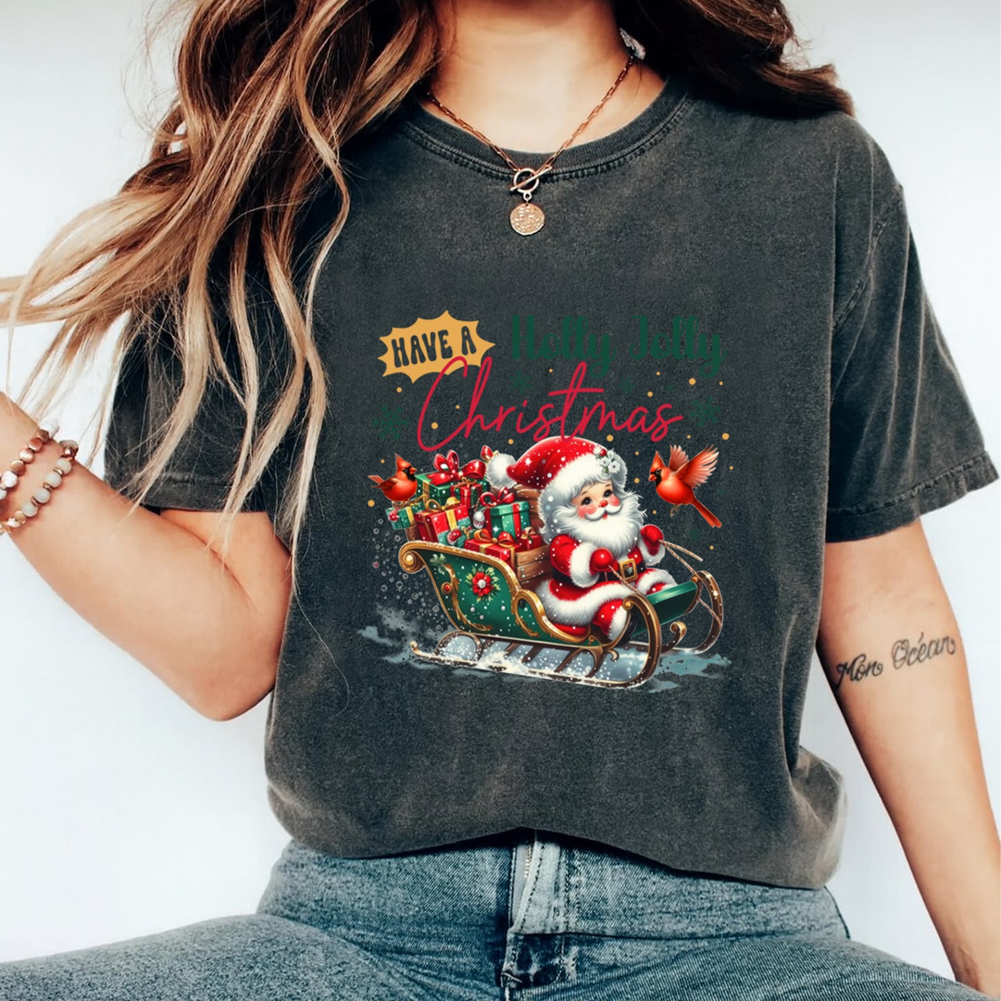 Christmas DTF Transfer – Santa in Sleigh “Have a Holly Jolly Christmas” Ready to Press Iron On Heat Transfer for DIY Shirts 11823