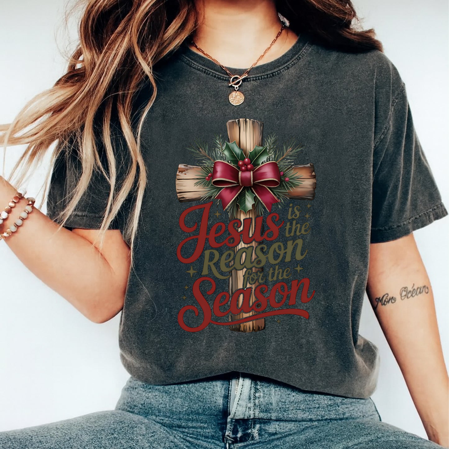 Christmas DTF Transfer – Wooden Cross with Bow “Jesus Is the Reason for the Season” Ready to Press Iron On Heat Transfer for DIY Shirts 11824