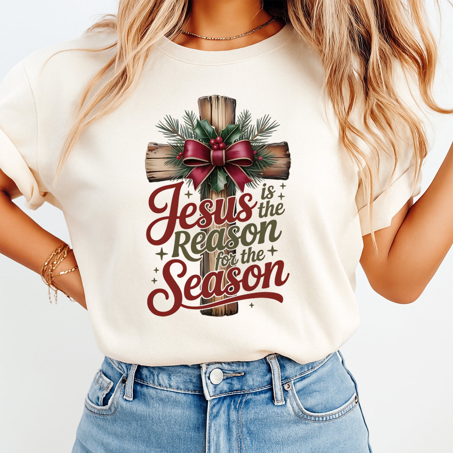 Christmas DTF Transfer – Wooden Cross with Bow “Jesus Is the Reason for the Season” Ready to Press Iron On Heat Transfer for DIY Shirts 11824