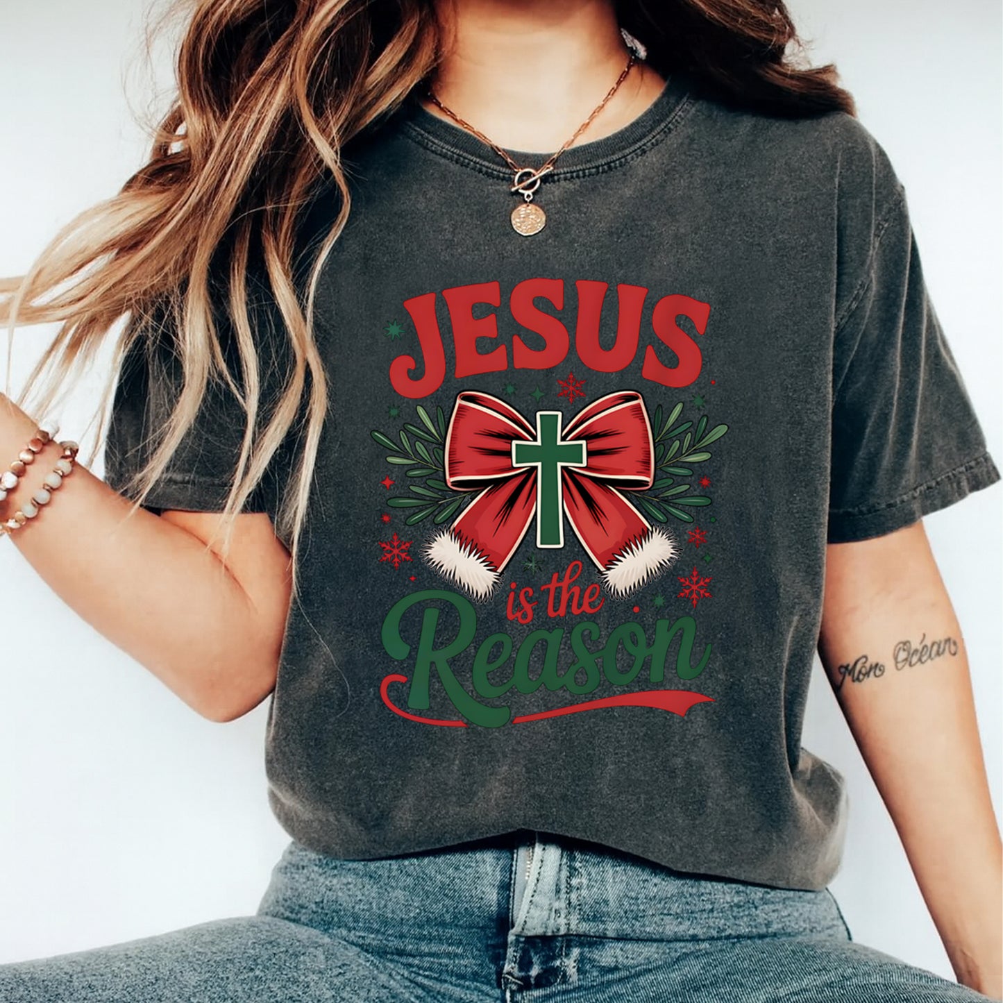 Christmas DTF Transfer – Cross and Bow “Jesus Is the Reason” Ready to Press Iron On Heat Transfer for DIY Shirts 11825