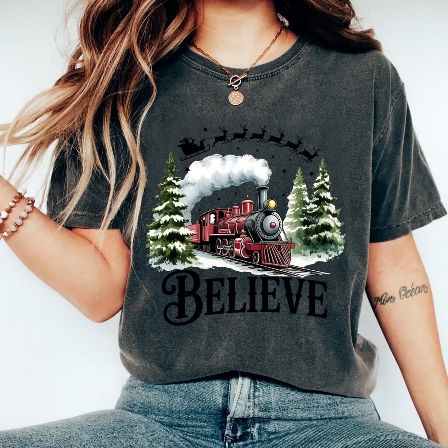 Christmas DTF Transfer – Vintage Train with Santa Sleigh “Believe” Ready to Press Iron On Heat Transfer for DIY Shirts 11826