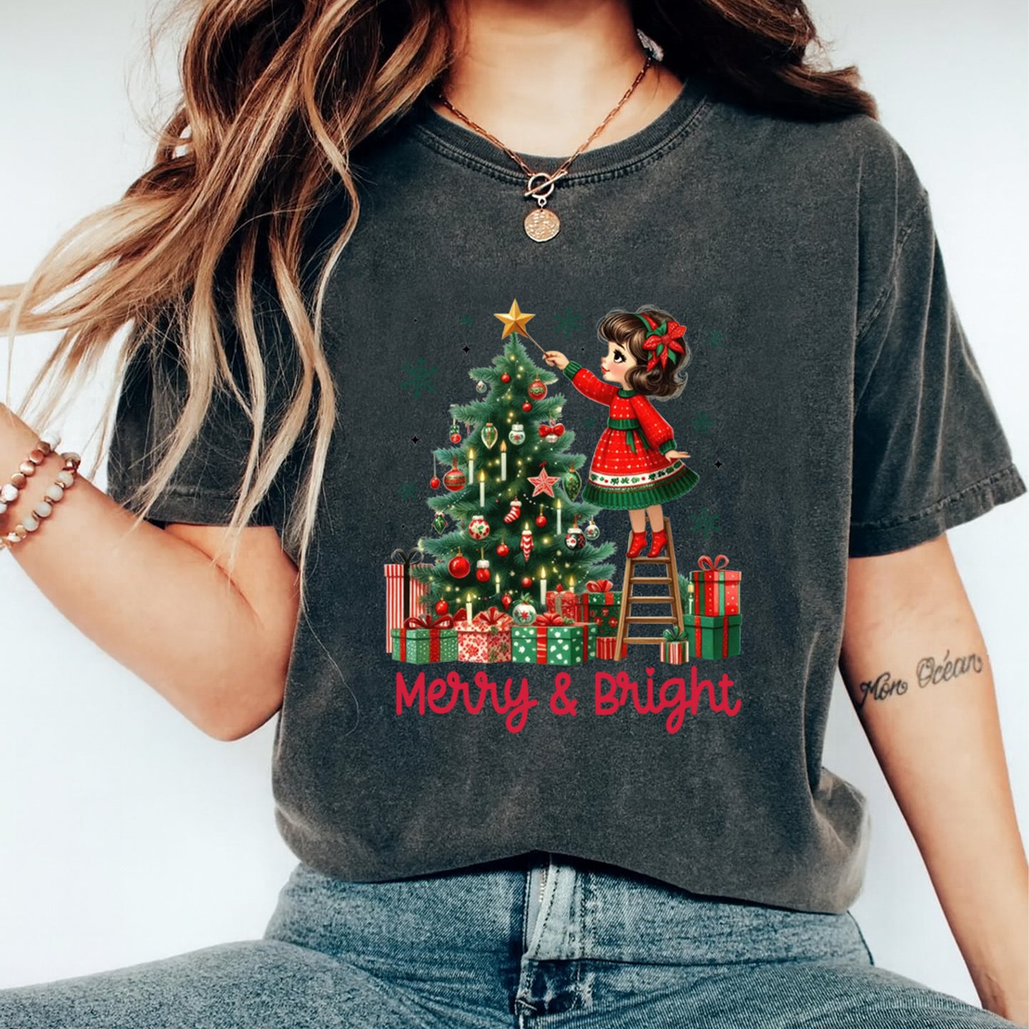 Christmas DTF Transfer – Girl Decorating Tree “Merry & Bright” Ready to Press Iron On Heat Transfer for DIY Shirts 11828