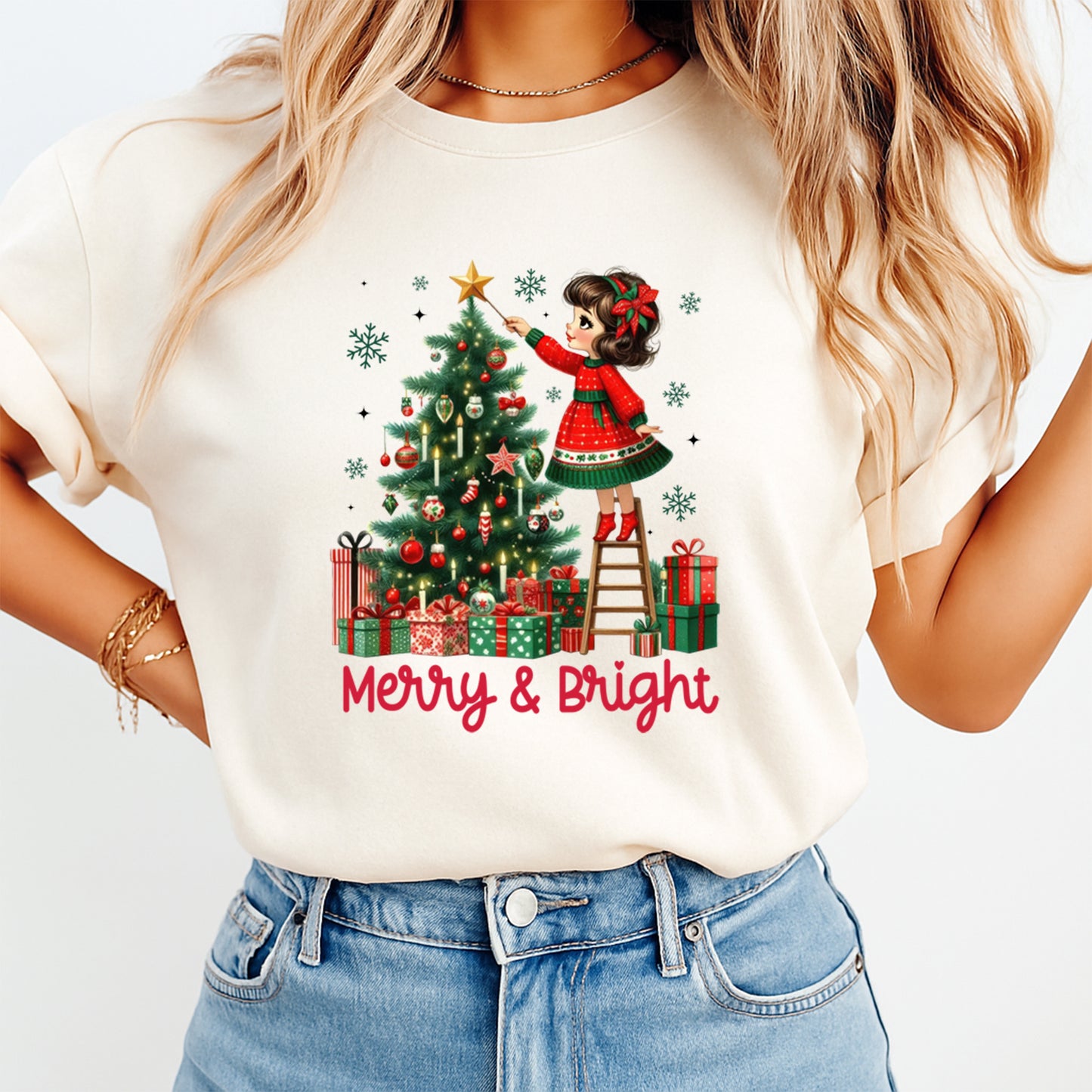 Christmas DTF Transfer – Girl Decorating Tree “Merry & Bright” Ready to Press Iron On Heat Transfer for DIY Shirts 11828