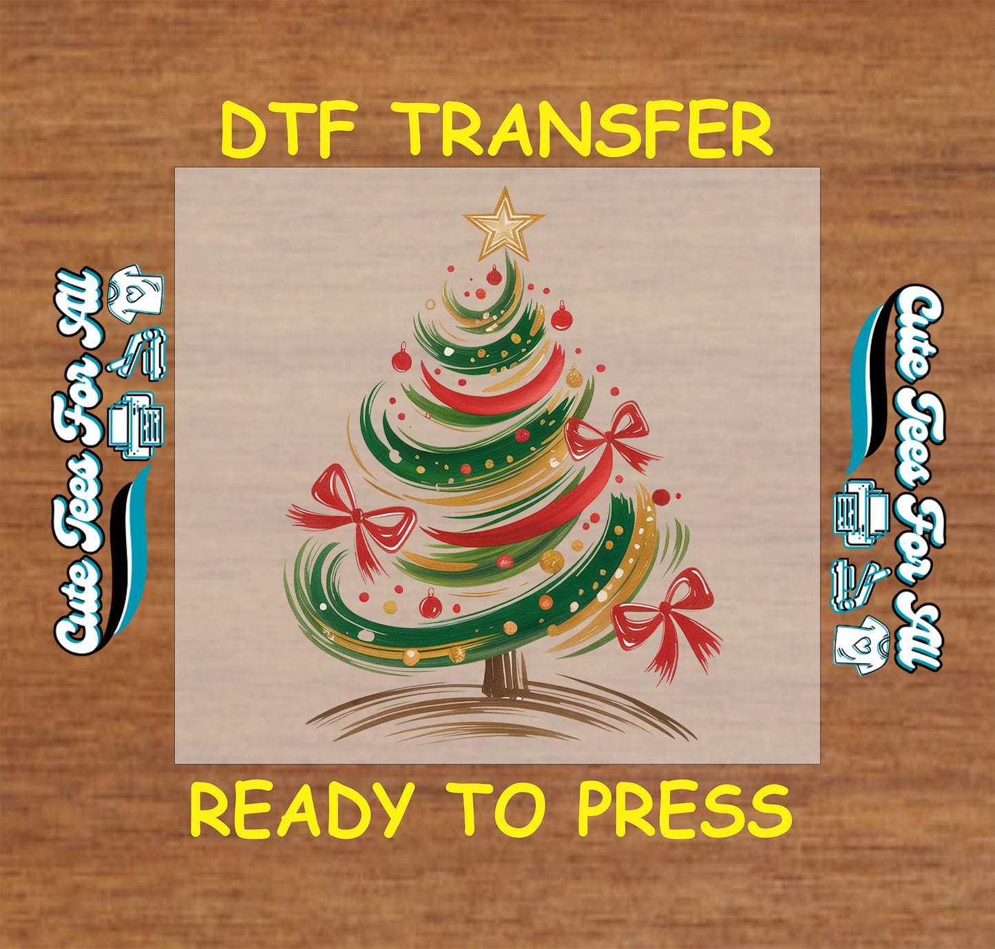 Christmas DTF transfer featuring swirl Christmas tree with red bows, ornaments, and star, ready to press iron on heat transfer for DIY shirts.
