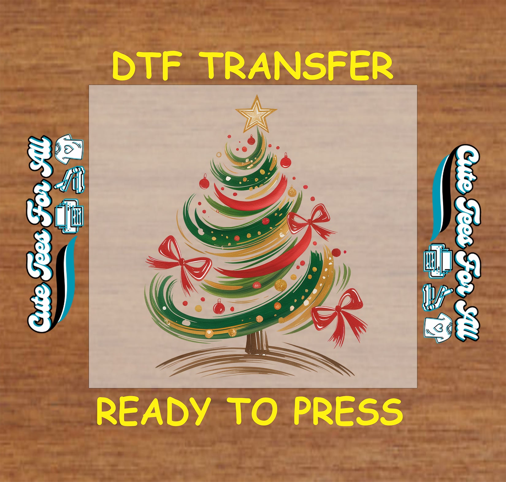 Christmas DTF transfer featuring swirl Christmas tree with red bows, ornaments, and star, ready to press iron on heat transfer for DIY shirts.