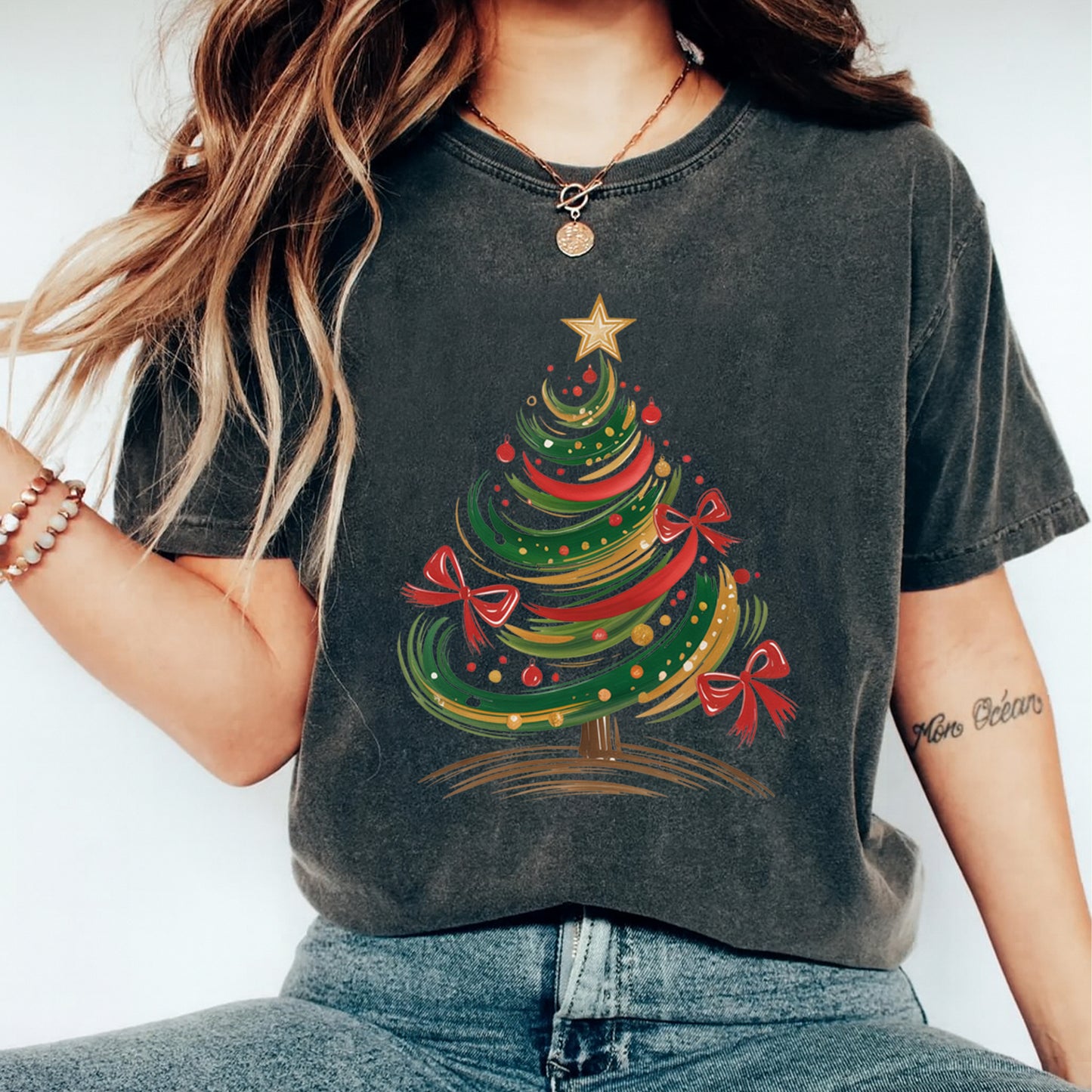 Christmas DTF Transfer – Swirl Tree with Bows and Ornaments Ready to Press Iron On Heat Transfer for DIY Shirts 11829