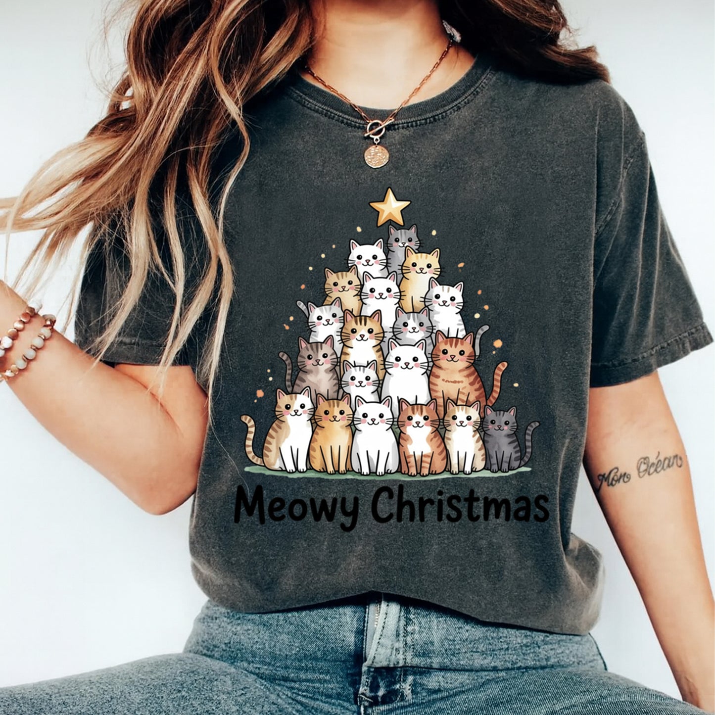 Christmas DTF Transfer – Cat Tree “Meowy Christmas” Ready to Press Iron On Heat Transfer for DIY Shirts 11830