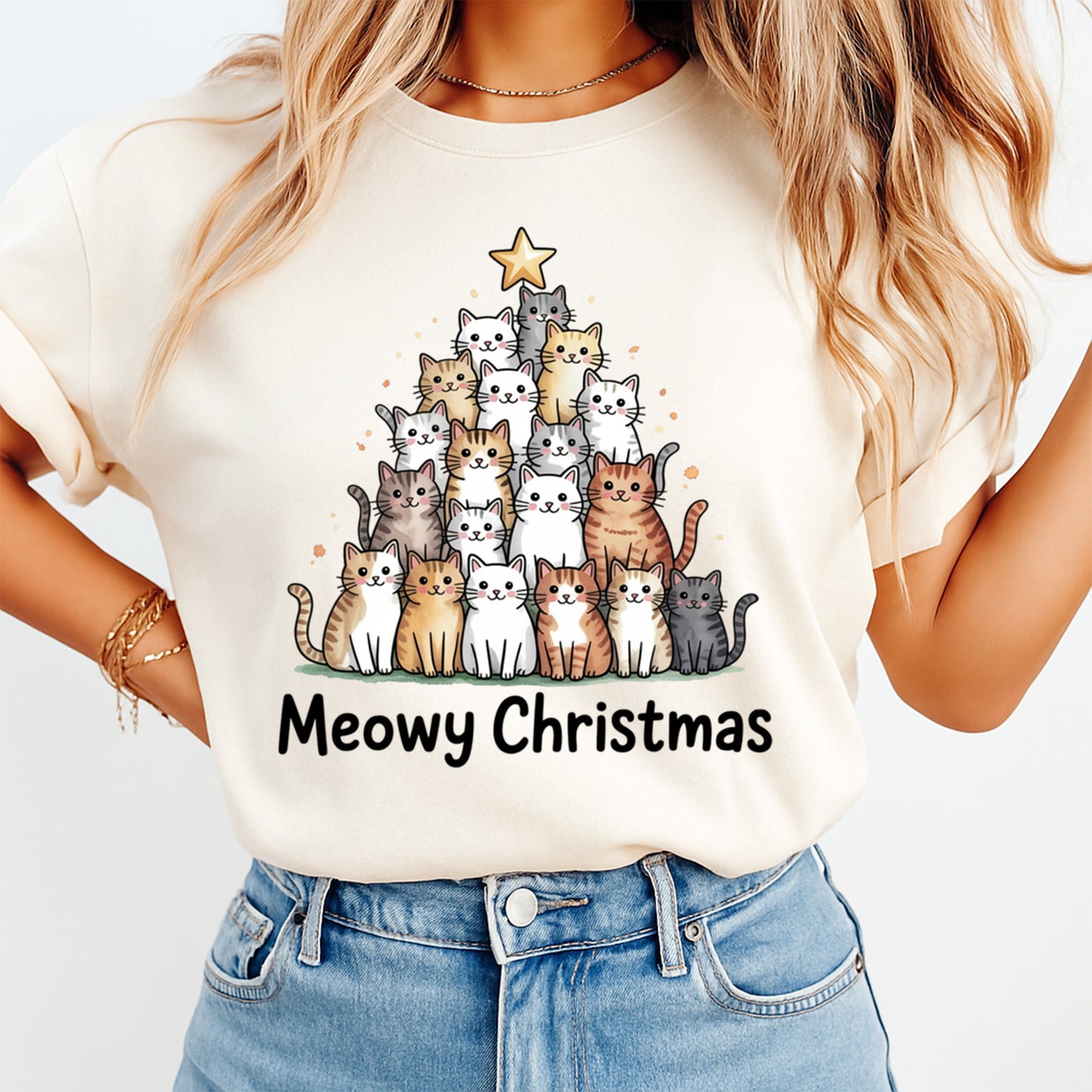 Christmas DTF Transfer – Cat Tree “Meowy Christmas” Ready to Press Iron On Heat Transfer for DIY Shirts 11830