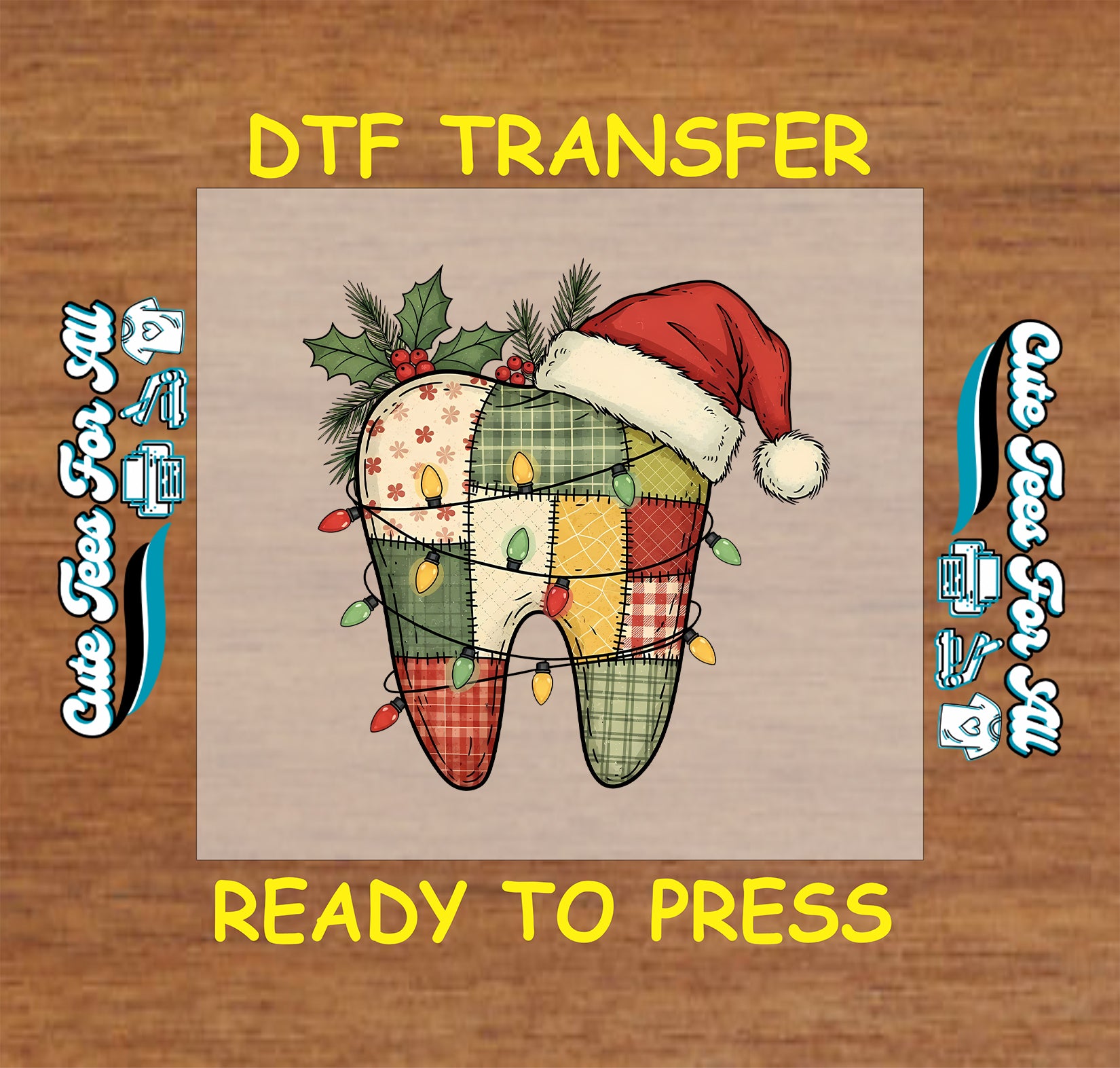 Christmas DTF transfer featuring patchwork tooth with Santa hat and Christmas lights, ready to press iron on heat transfer for DIY shirts.