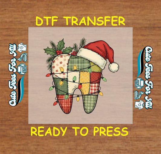 Christmas DTF transfer featuring patchwork tooth with Santa hat and Christmas lights, ready to press iron on heat transfer for DIY shirts.