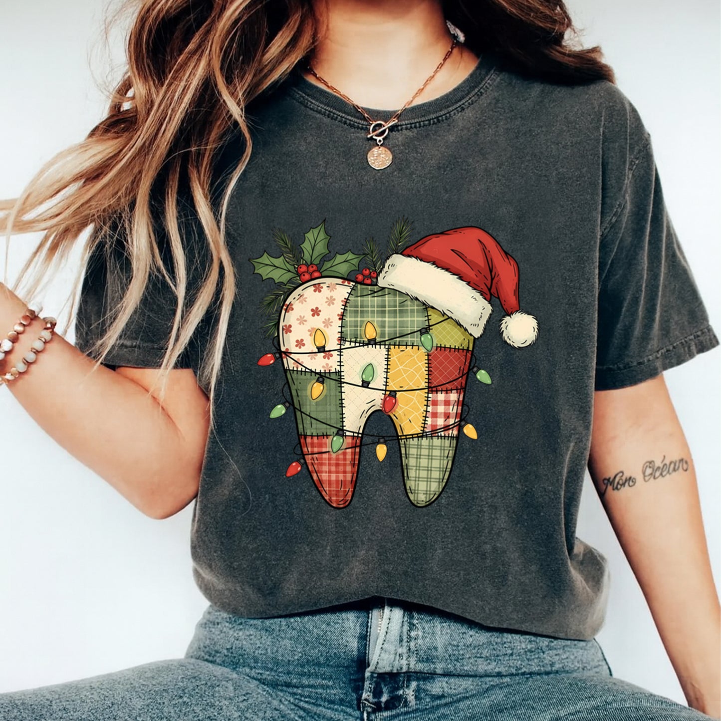 Christmas DTF Transfer – Patchwork Tooth with Lights & Santa Hat Ready to Press Iron On Heat Transfer for DIY Shirts 11831