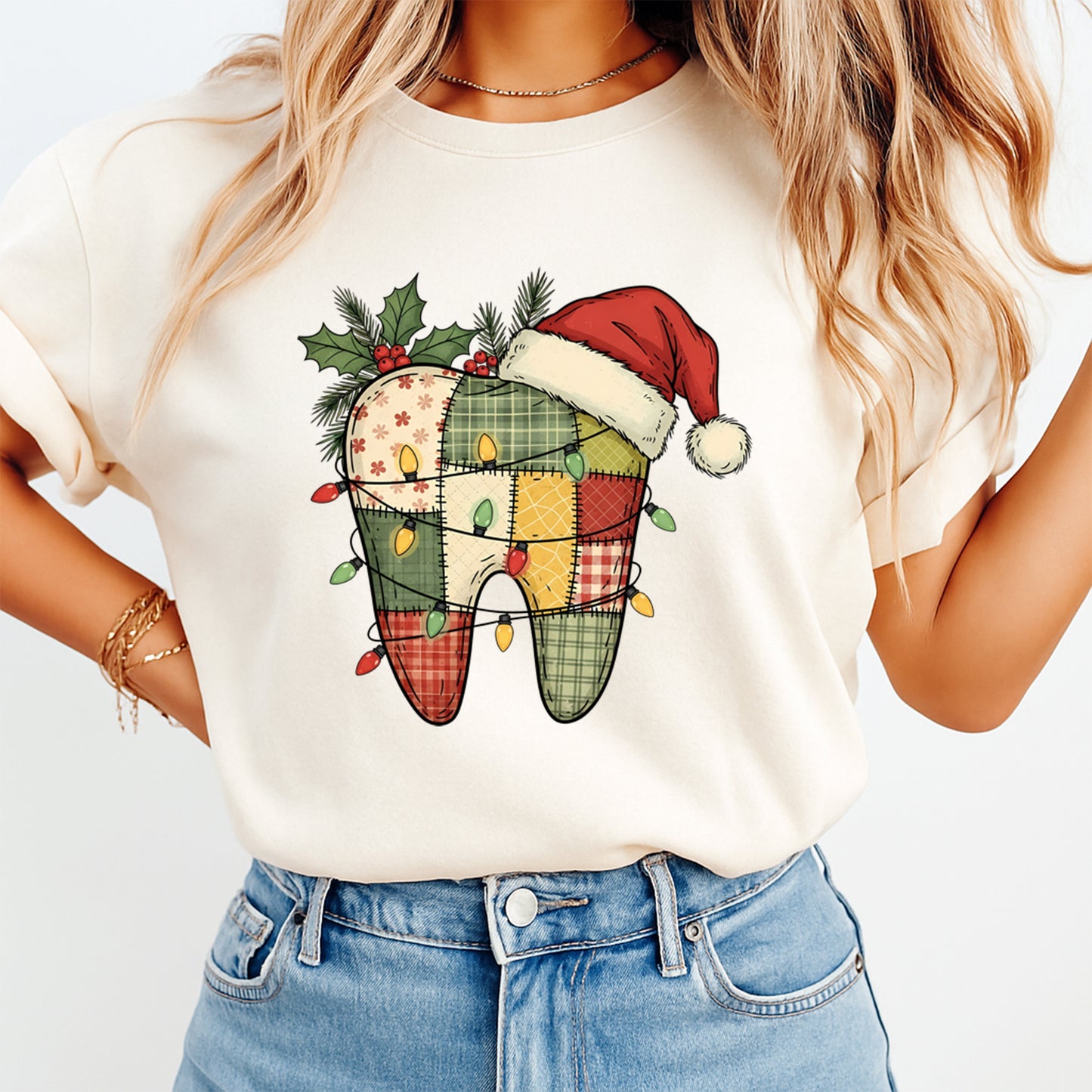 Christmas DTF Transfer – Patchwork Tooth with Lights & Santa Hat Ready to Press Iron On Heat Transfer for DIY Shirts 11831