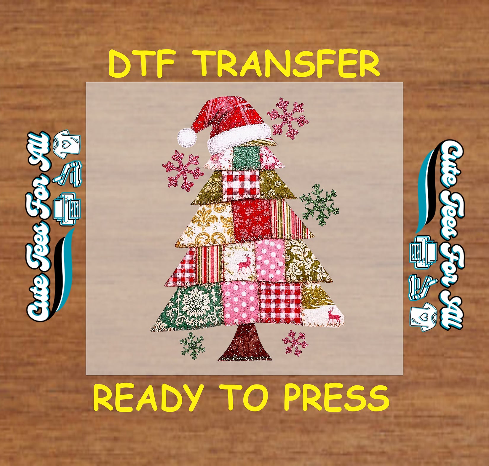 Christmas DTF transfer featuring patchwork tree with Santa hat and snowflakes, ready to press iron on heat transfer for DIY shirts.