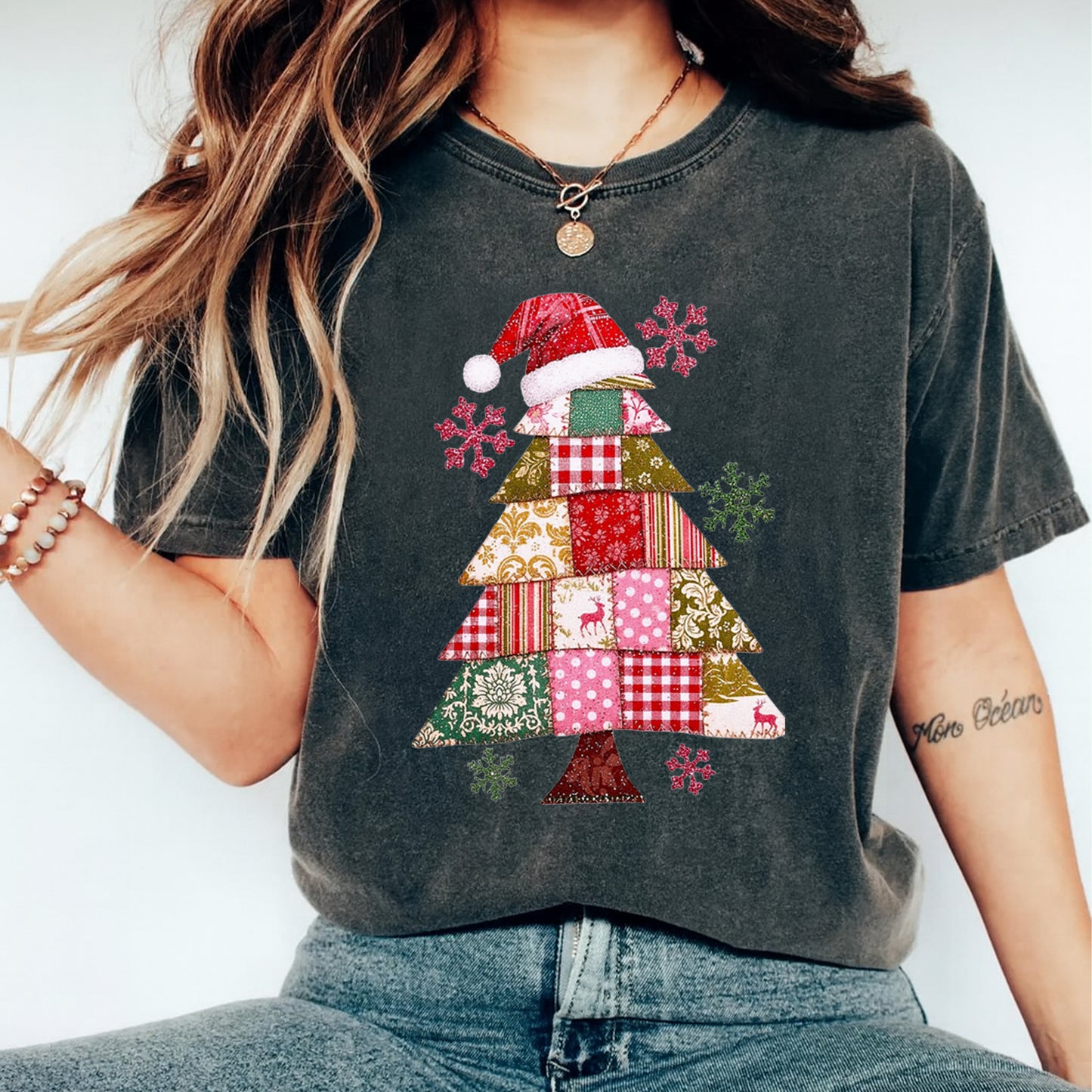 Christmas DTF Transfer – Patchwork Tree with Santa Hat & Snowflakes Ready to Press Iron On Heat Transfer for DIY Shirts 11832