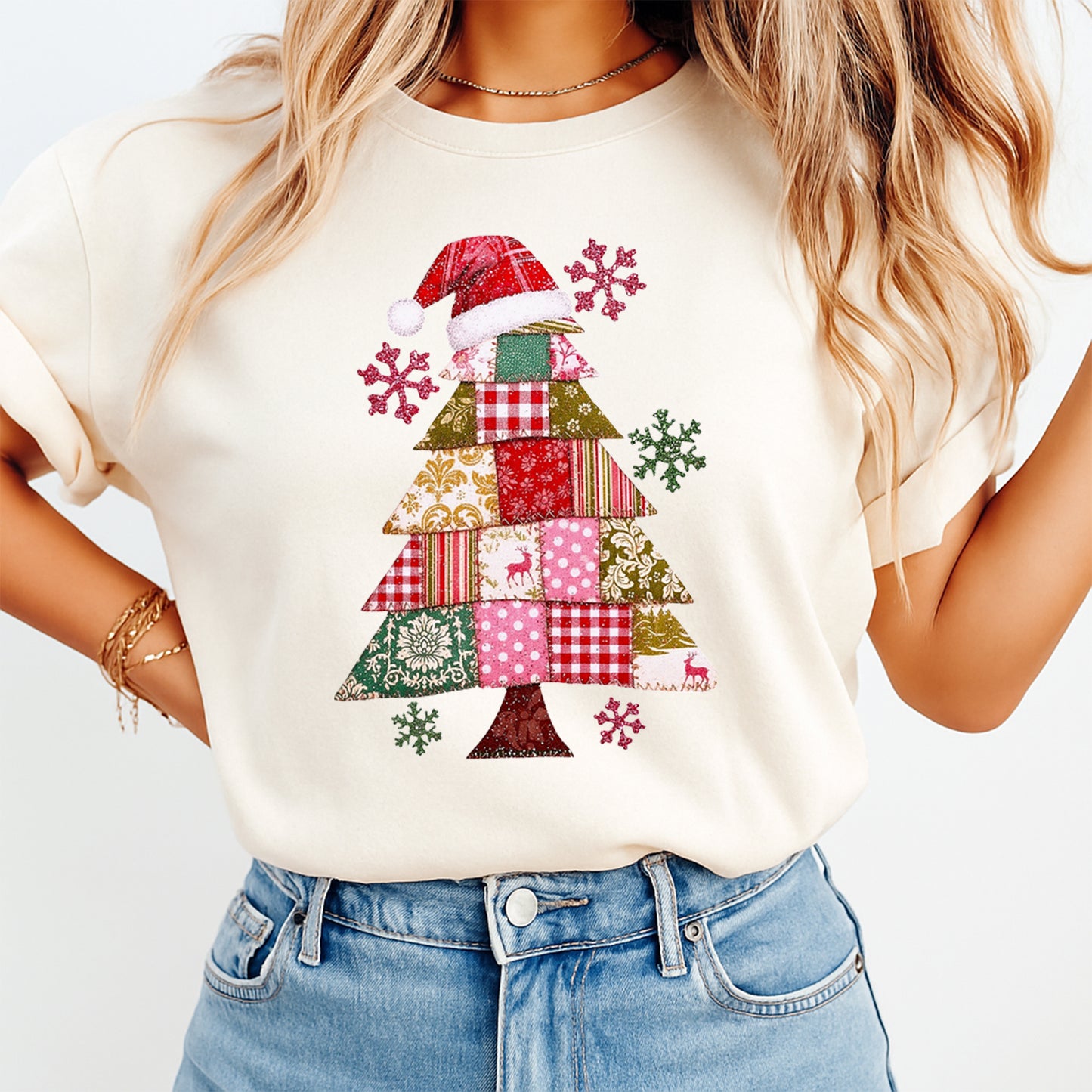 Christmas DTF Transfer – Patchwork Tree with Santa Hat & Snowflakes Ready to Press Iron On Heat Transfer for DIY Shirts 11832