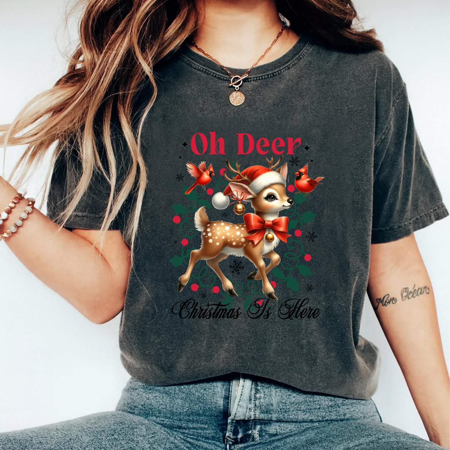 Christmas DTF Transfer – “Oh Deer Christmas Is Here” Reindeer & Cardinals Ready to Press Iron On Heat Transfer for DIY Shirts 11836