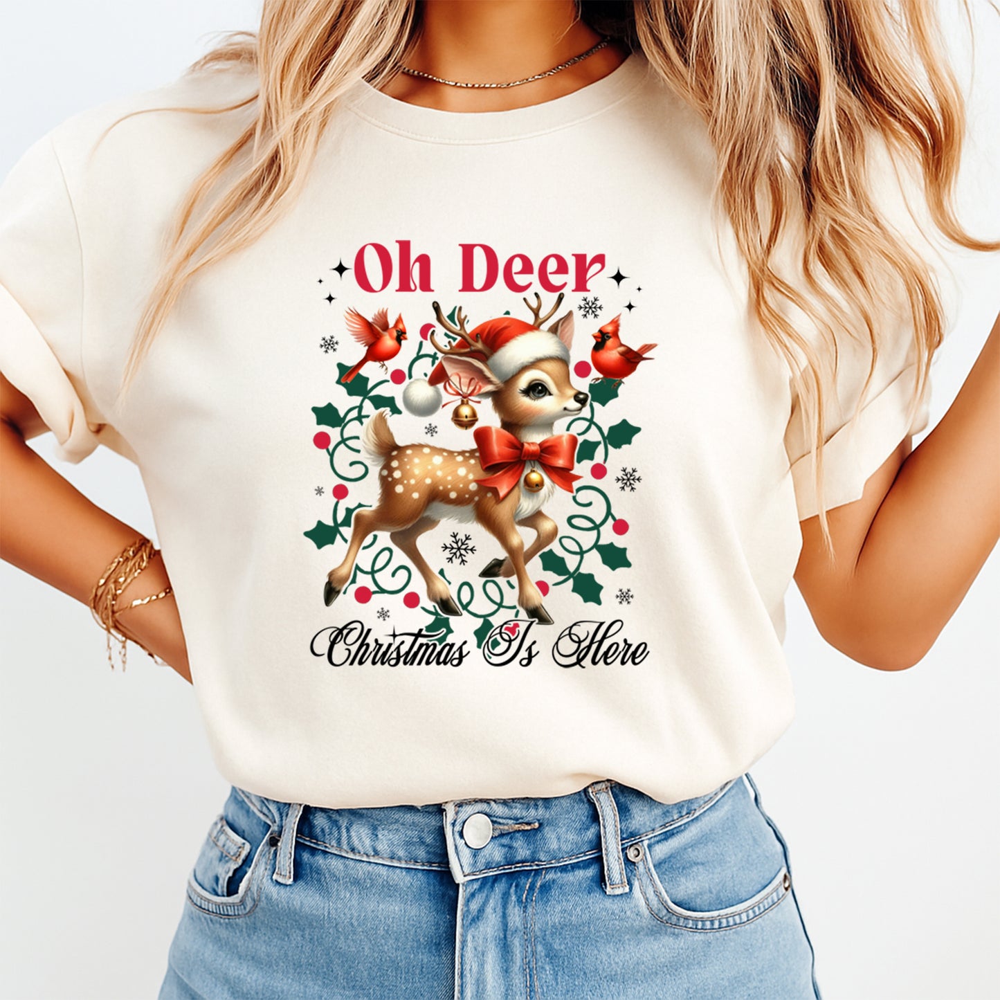 Christmas DTF Transfer – “Oh Deer Christmas Is Here” Reindeer & Cardinals Ready to Press Iron On Heat Transfer for DIY Shirts 11836