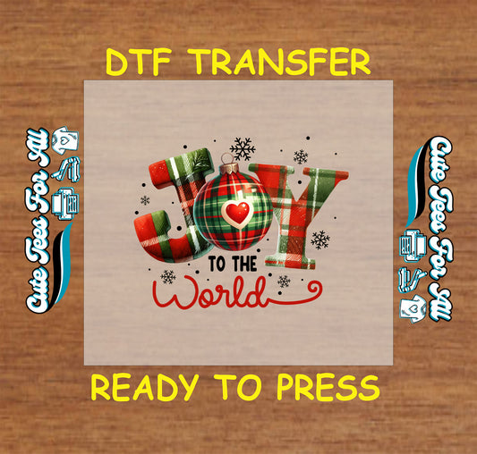 Christmas DTF transfer with plaid “Joy to the World” lettering and ornament, ready to press iron on heat transfer for DIY shirts.