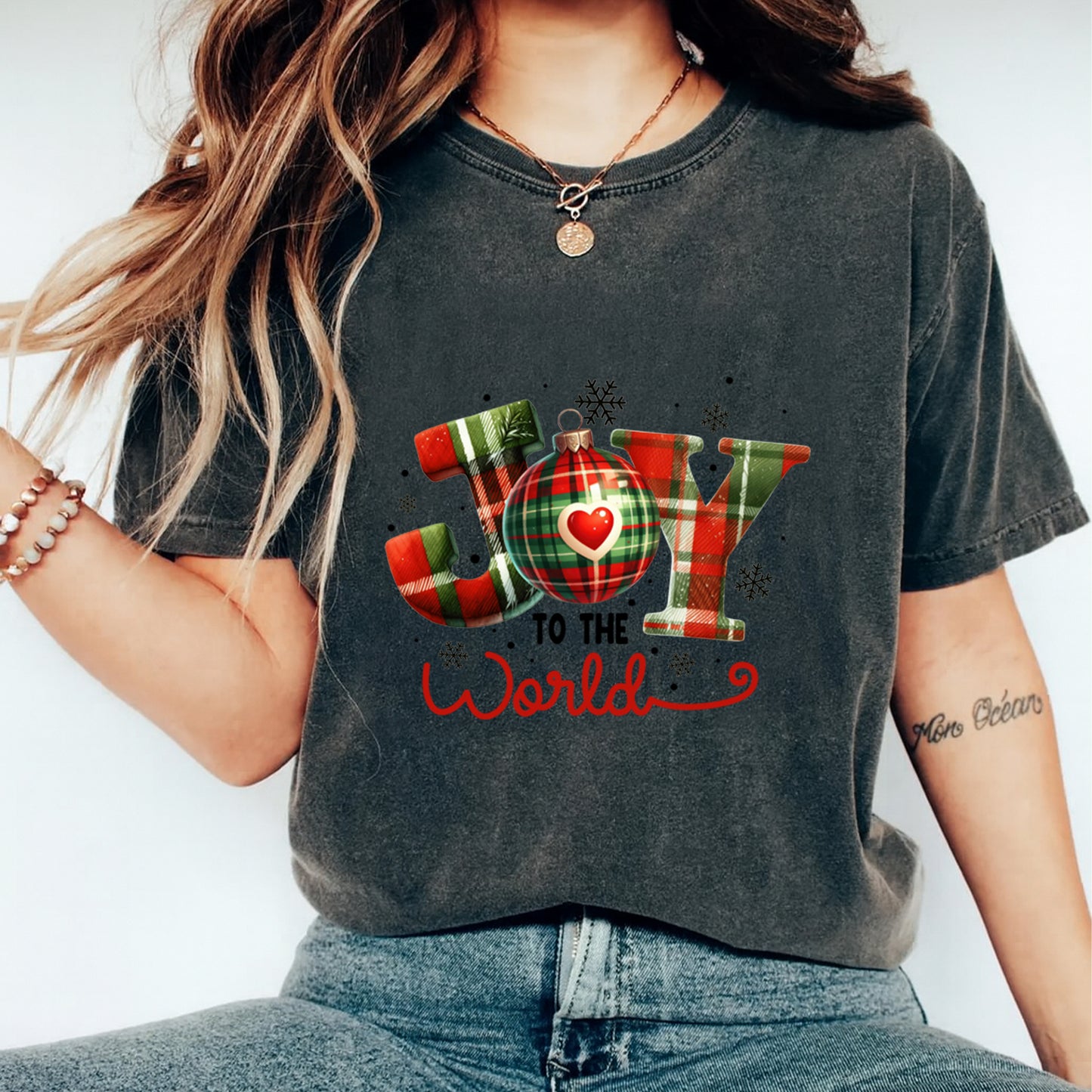Christmas DTF Transfer – Joy to the World Ornament & Plaid Letters Ready to Press Iron On Heat Transfer for DIY Shirts 11837