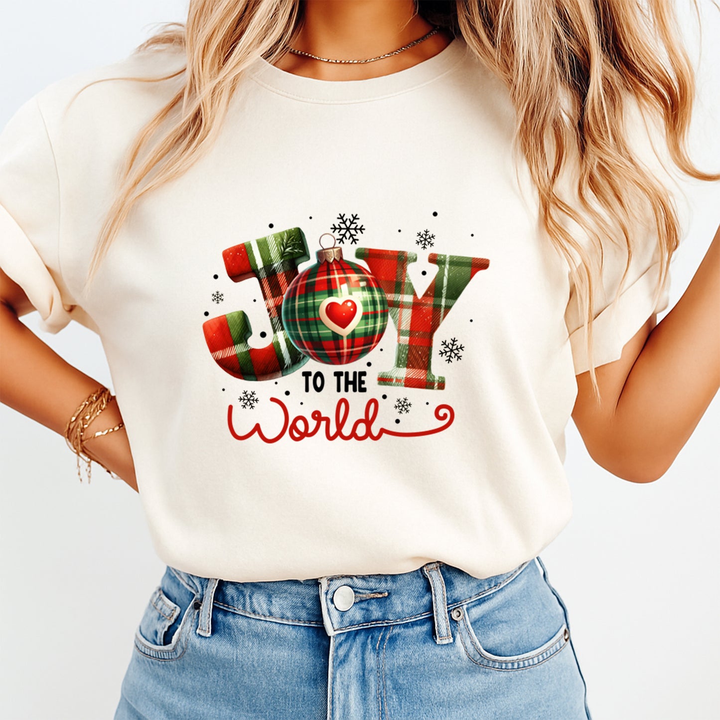 Christmas DTF Transfer – Joy to the World Ornament & Plaid Letters Ready to Press Iron On Heat Transfer for DIY Shirts 11837