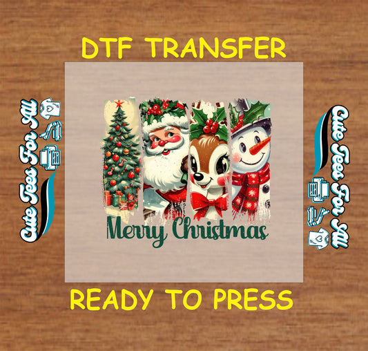 Christmas DTF transfer with Santa, reindeer, snowman, and Christmas tree collage, Merry Christmas ready to press iron on heat transfer for DIY shirts.