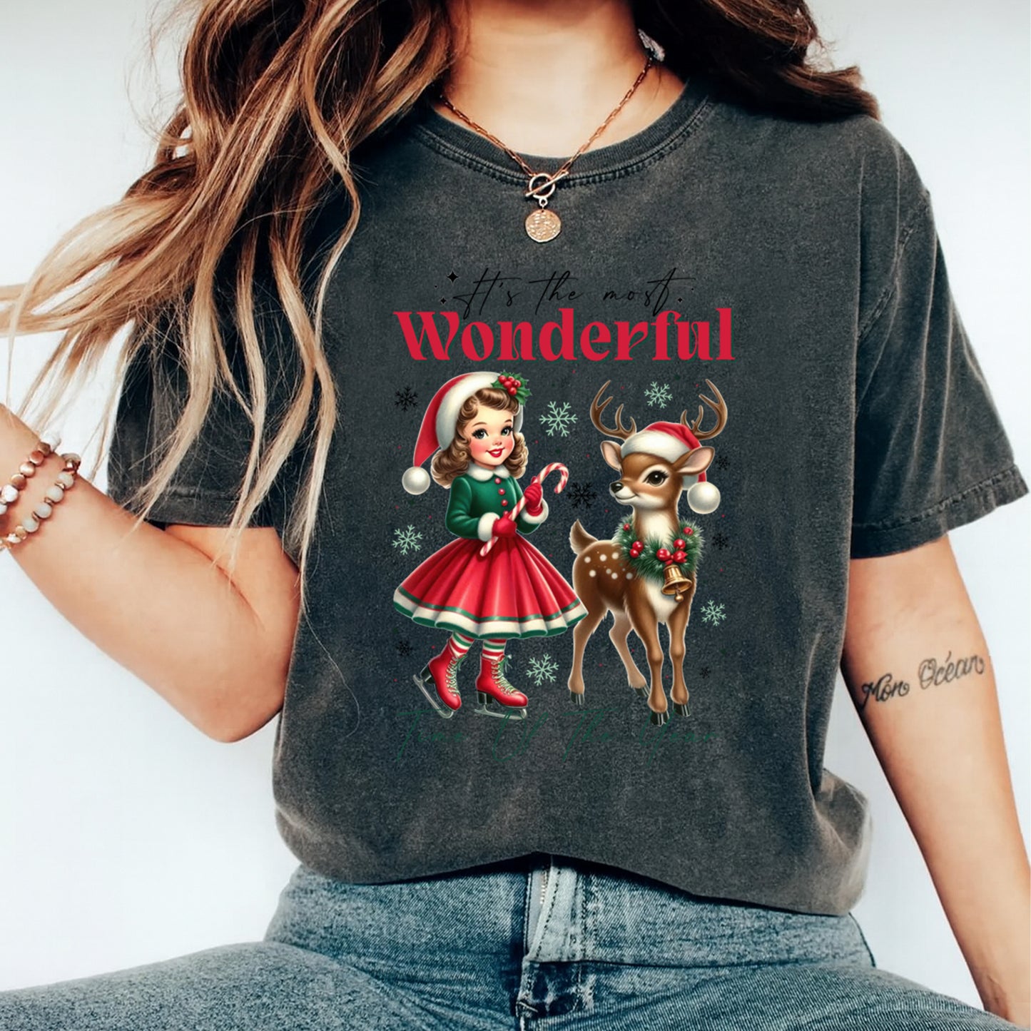 Christmas DTF Transfer – Girl with Reindeer Most Wonderful Time of the Year Ready to Press Iron On Heat Transfer for DIY Shirts 11839