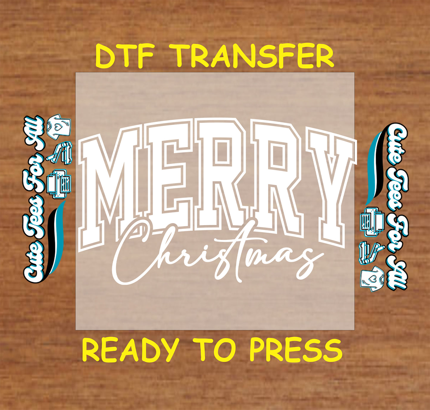 Christmas DTF transfer featuring bold varsity-style “Merry Christmas” typography, ready to press iron on heat transfer for DIY shirts.