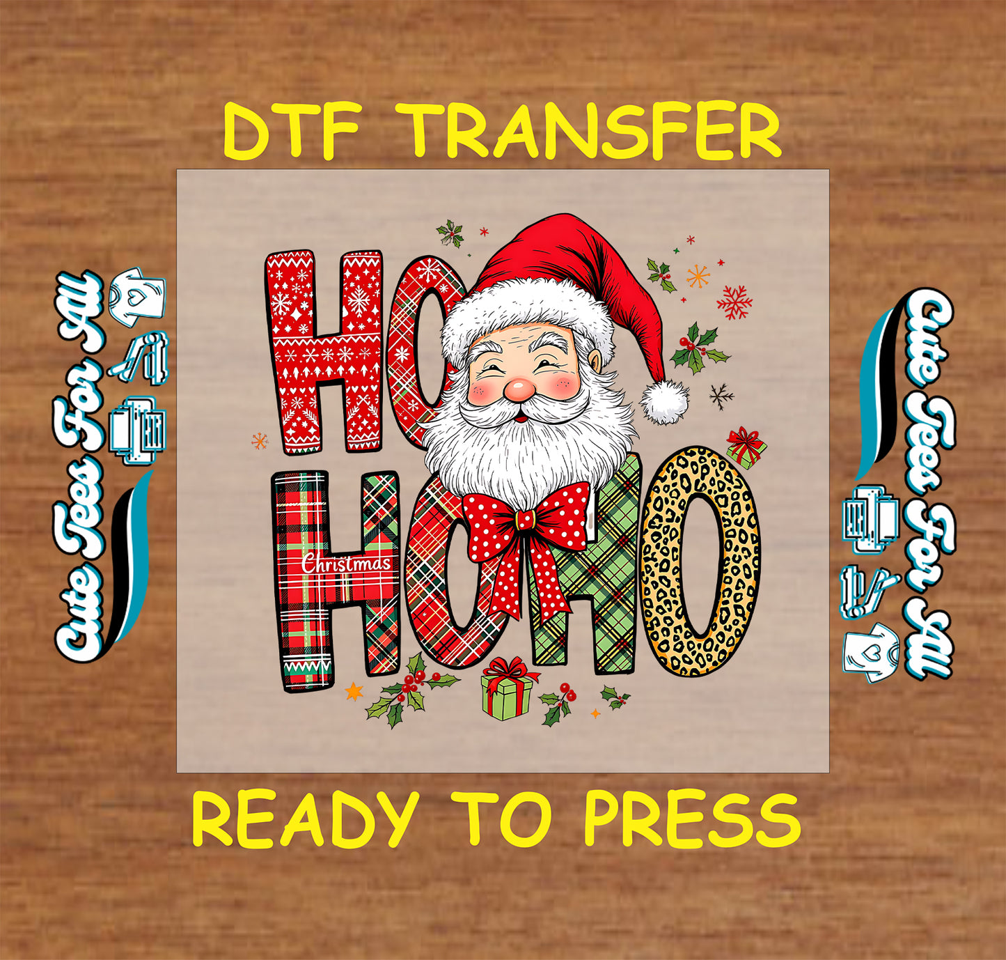 Christmas DTF transfer with Santa face and “Ho Ho Ho” patterned letters in plaid, leopard, and festive textures, ready to press iron on heat transfer for DIY shirts.