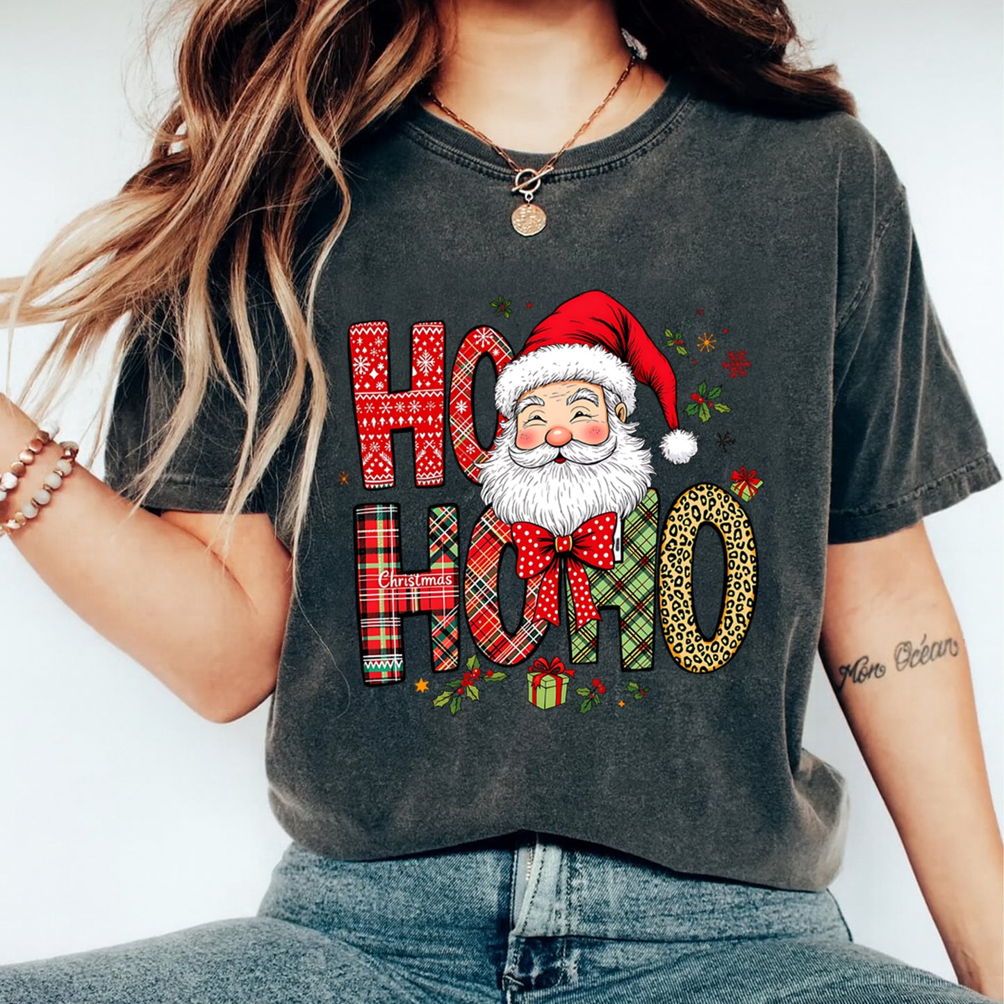 Christmas DTF Transfer – Santa Ho Ho Ho Mixed Patterns Ready to Press Iron On Heat Transfer for DIY Shirts 11842