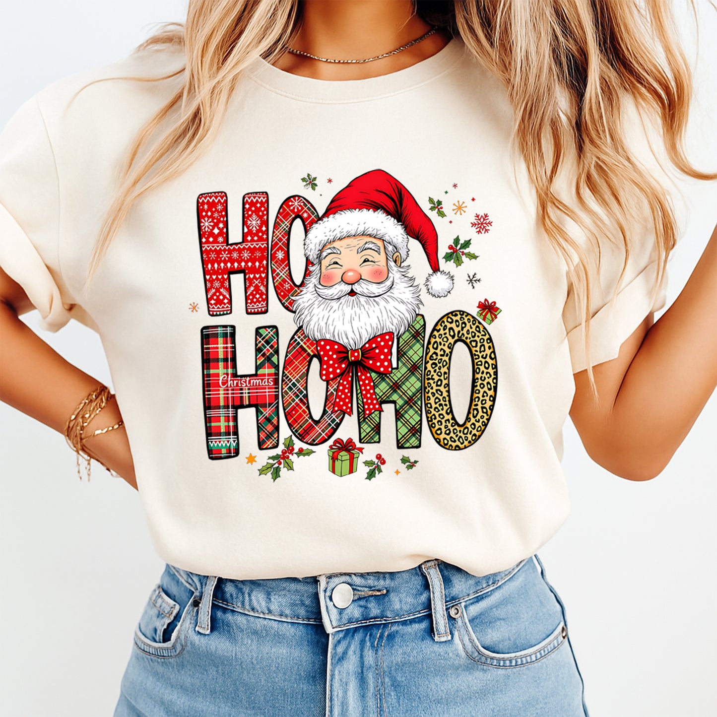 Christmas DTF Transfer – Santa Ho Ho Ho Mixed Patterns Ready to Press Iron On Heat Transfer for DIY Shirts 11842