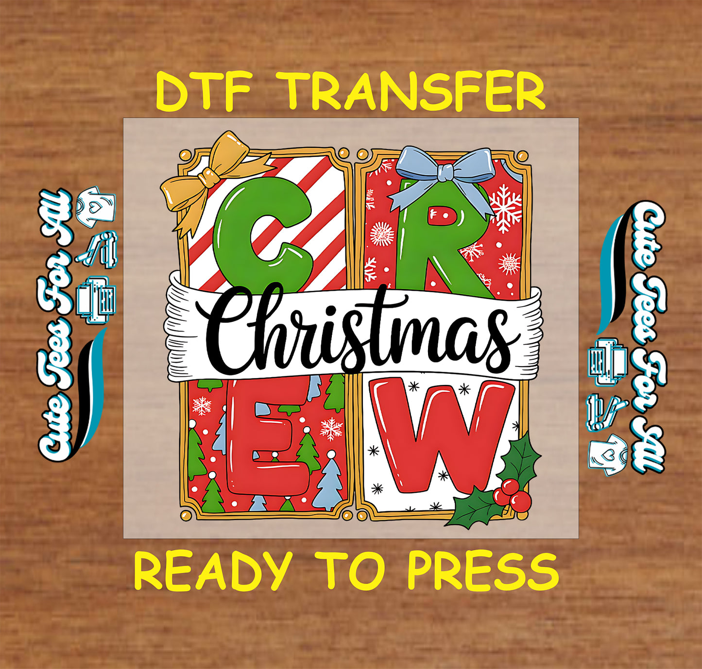 Christmas DTF transfer with “Christmas Crew” text inside colorful gift box letters and bows, ready to press iron on heat transfer for DIY shirts.