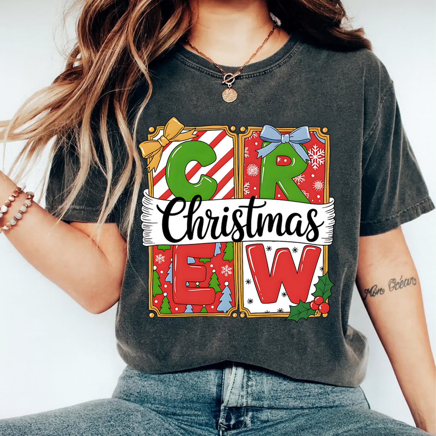 Christmas DTF Transfer – Christmas Crew Gift Box Letters Ready to Press Iron On Heat Transfer for DIY Shirts 11843
