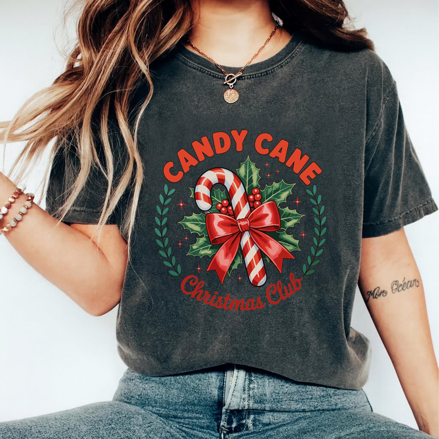 Christmas DTF Transfer – Candy Cane Christmas Club Wreath Ready to Press Iron On Heat Transfer for DIY Shirts 11844