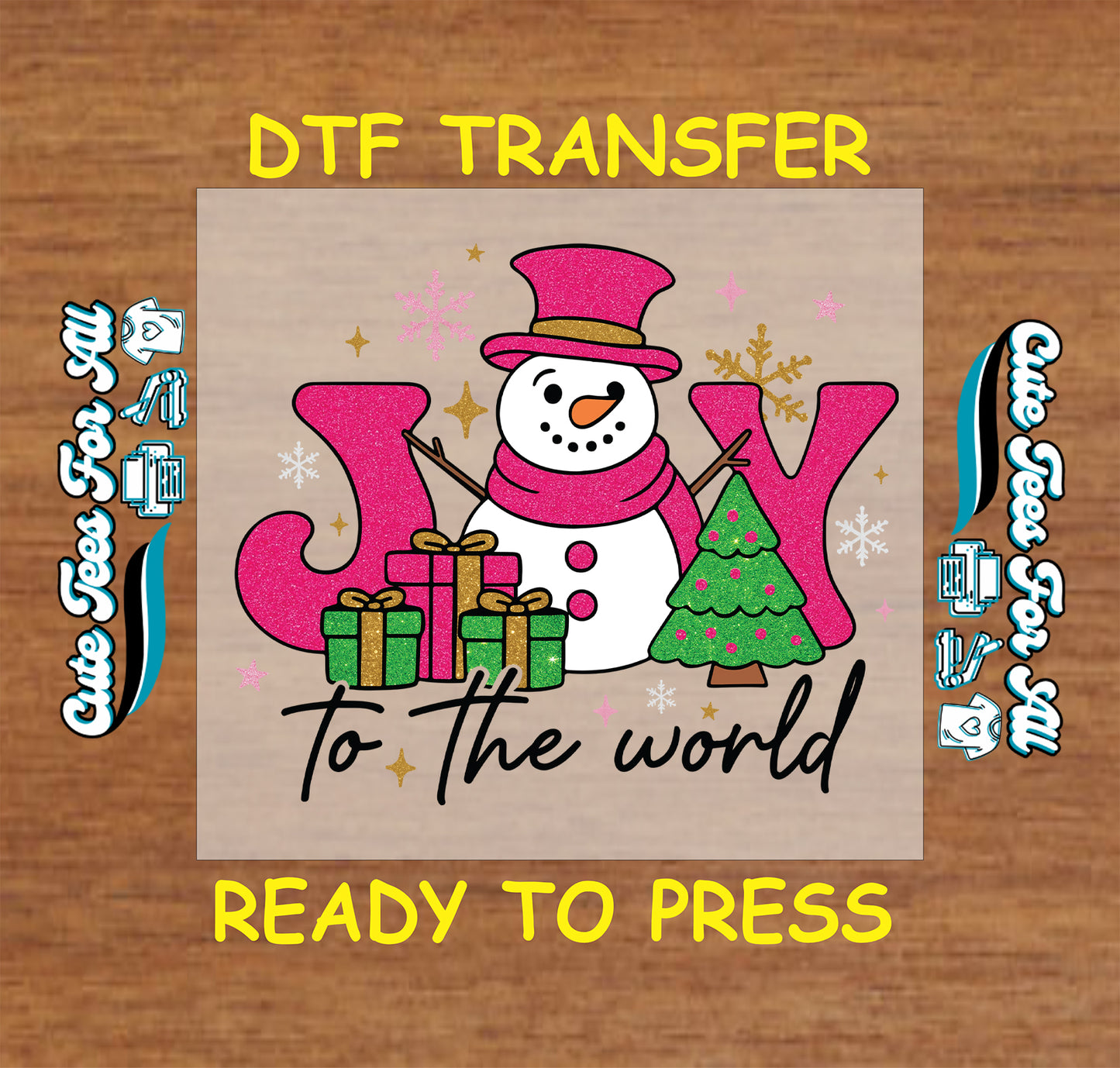 Christmas snowman JOY ready to press DTF iron on heat transfer with gifts and tree for DIY shirts