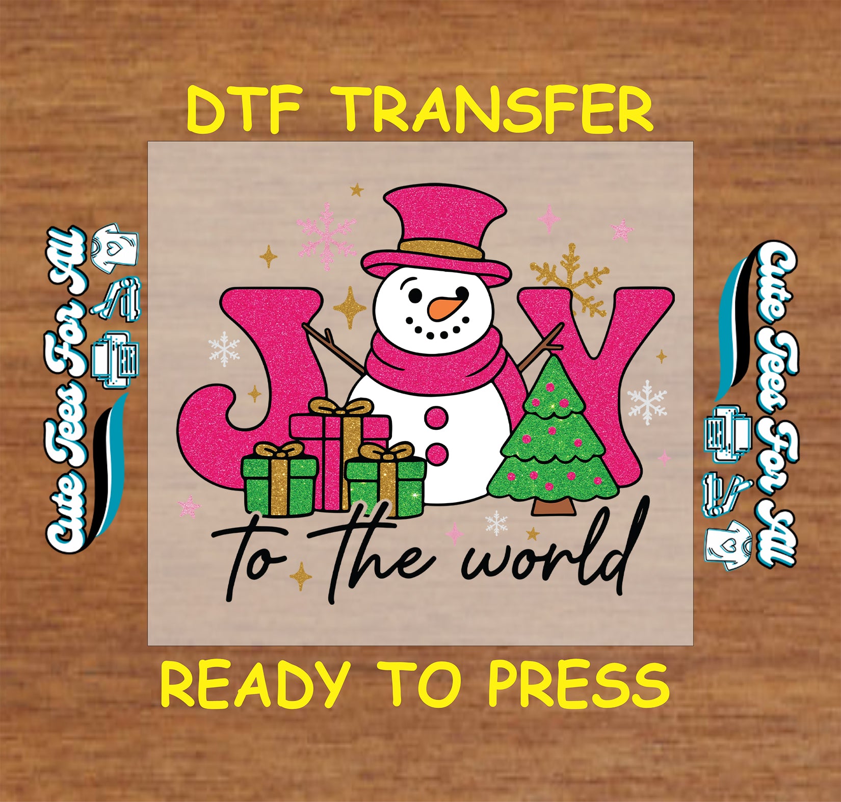 Christmas snowman JOY ready to press DTF iron on heat transfer with gifts and tree for DIY shirts
