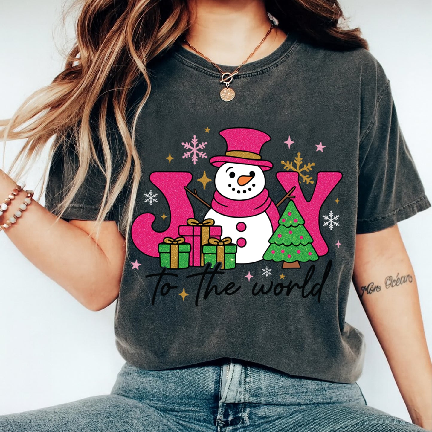 Christmas DTF Transfer – Snowman with Joy Tree & Gifts Ready to Press Iron On Heat Transfer for DIY Shirts 11845