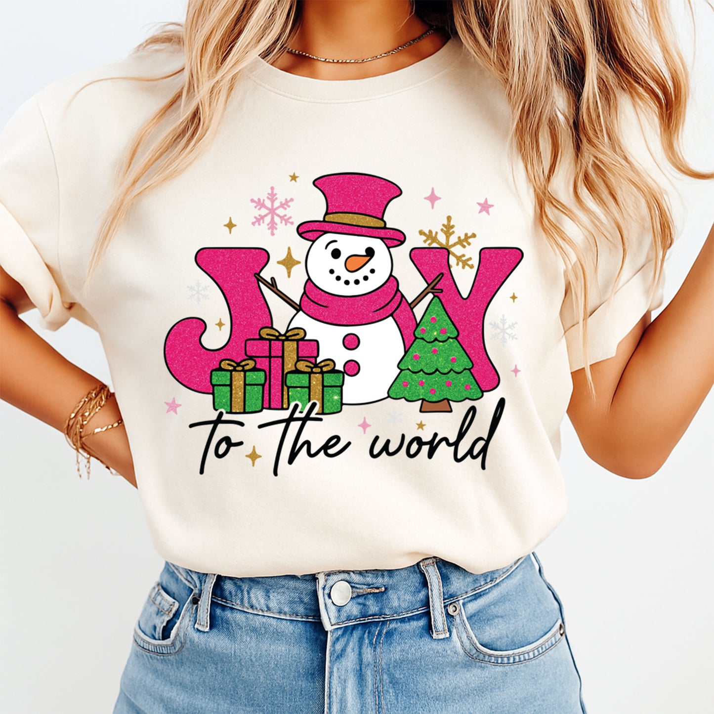 Christmas DTF Transfer – Snowman with Joy Tree & Gifts Ready to Press Iron On Heat Transfer for DIY Shirts 11845