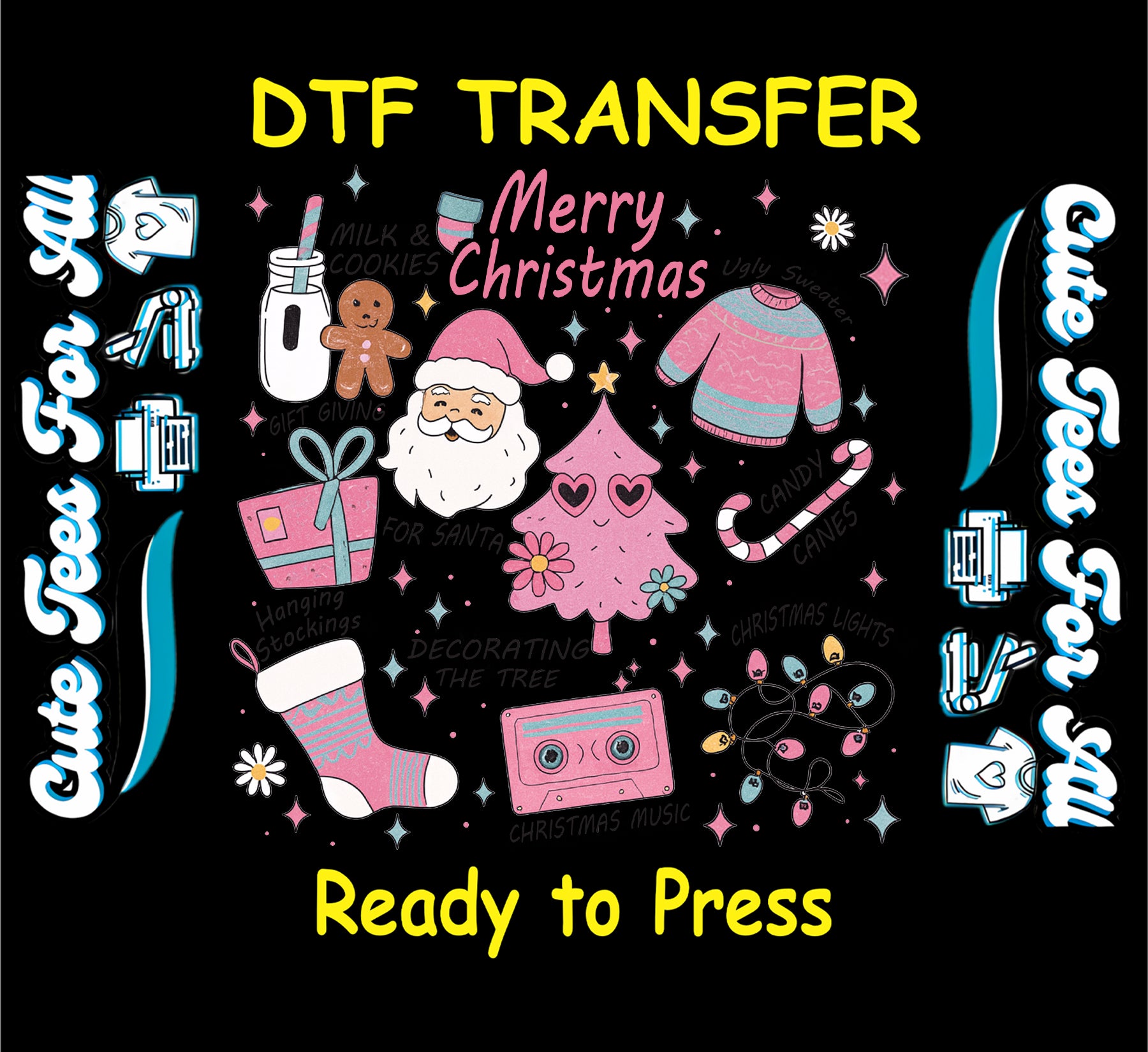 Pink tree and Santa icons Christmas ready to press DTF iron on heat transfer with pastel holiday elements for DIY shirts